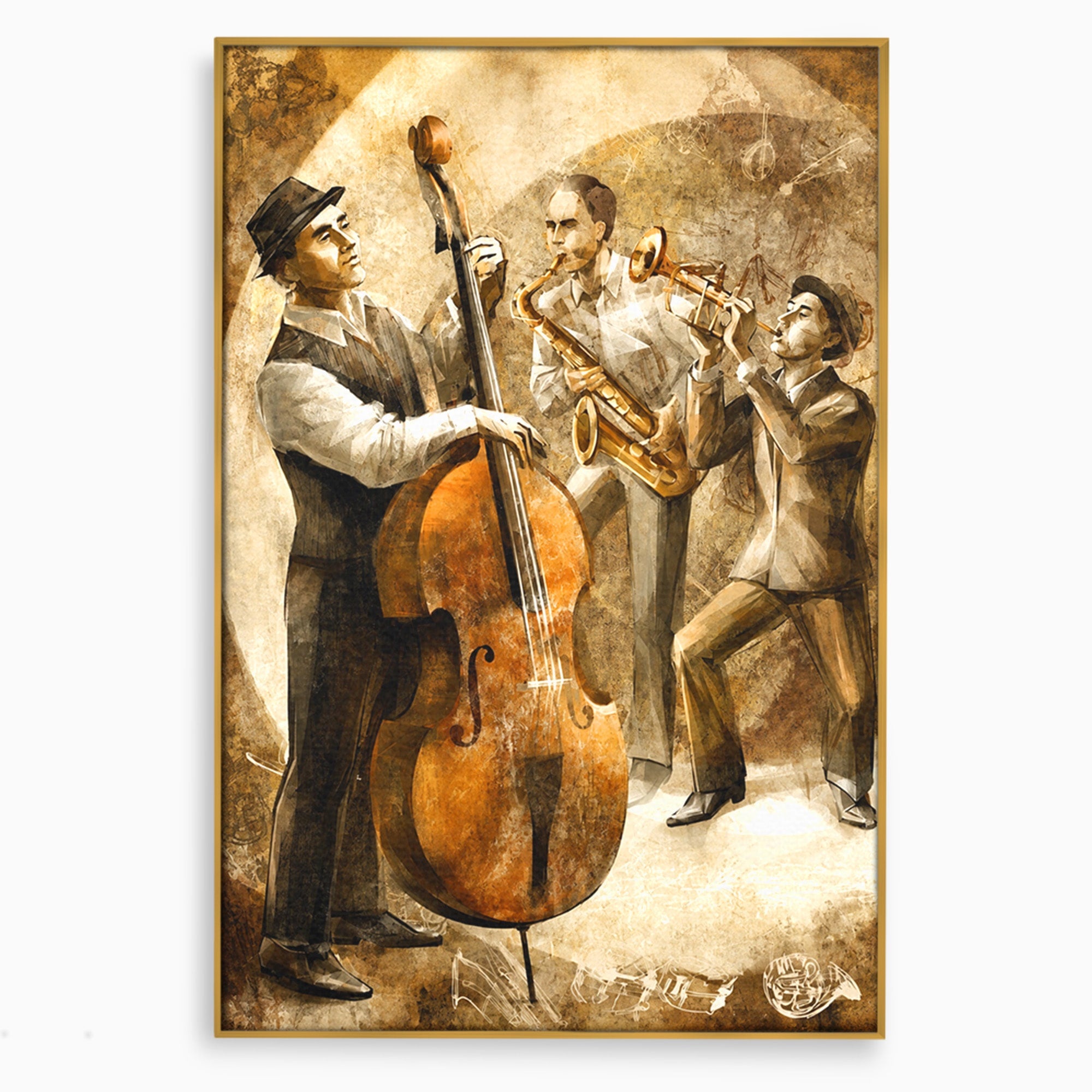 Tablou Canvas Premium LuxCanva® R1014, Trio Muzical de Jazz, Jazz, Muzica, Instrumente, Arta, Living, Birou, Culori Vibrante