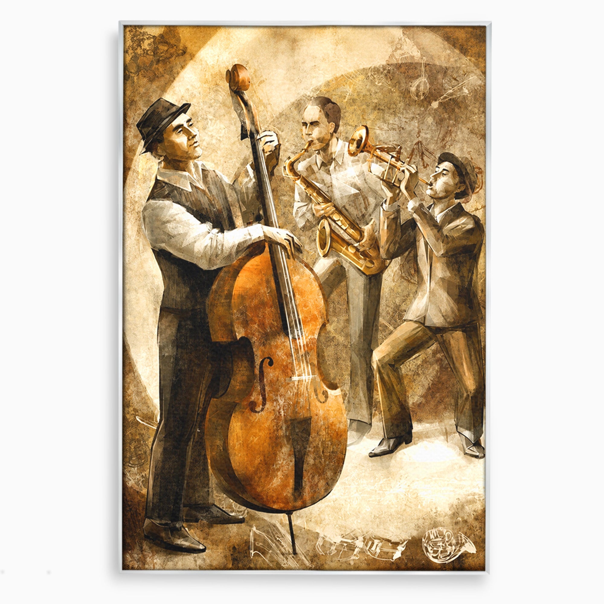 Tablou Canvas Premium LuxCanva® R1014, Trio Muzical de Jazz, Jazz, Muzica, Instrumente, Arta, Living, Birou, Culori Vibrante