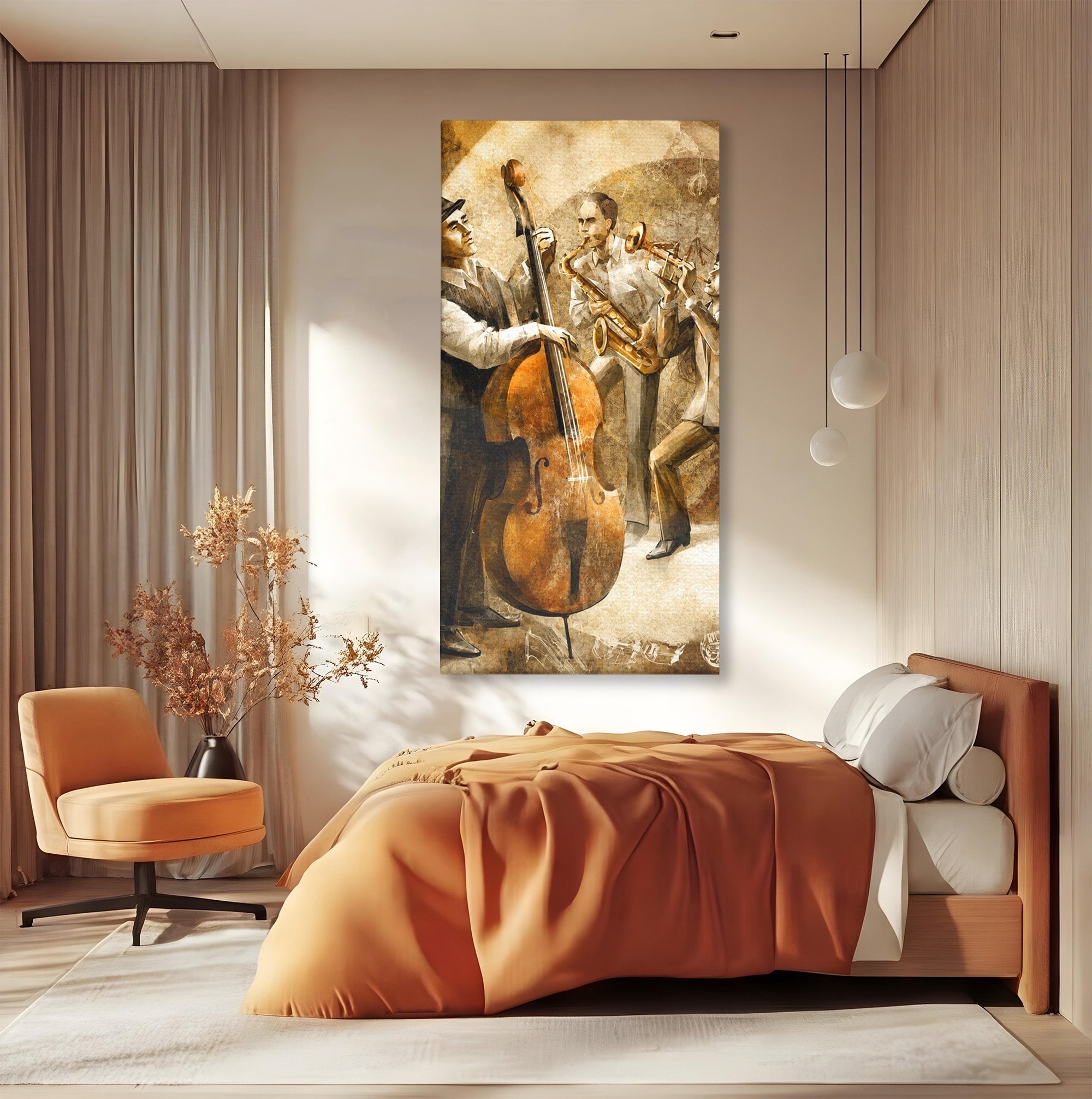 Tablou Canvas Premium LuxCanva® R1014, Trio Muzical de Jazz, Jazz, Muzica, Instrumente, Arta, Living, Birou, Culori Vibrante