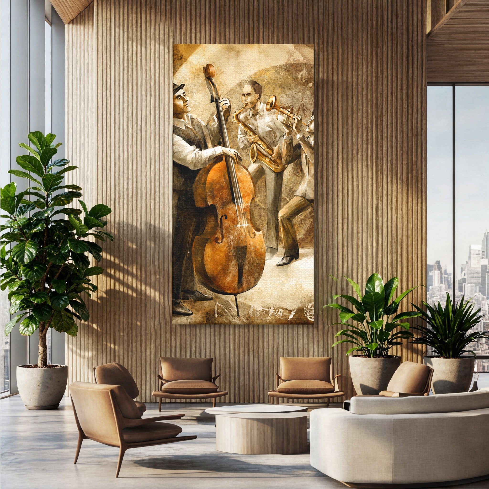 Tablou Canvas Premium LuxCanva® R1014, Trio Muzical de Jazz, Jazz, Muzica, Instrumente, Arta, Living, Birou, Culori Vibrante