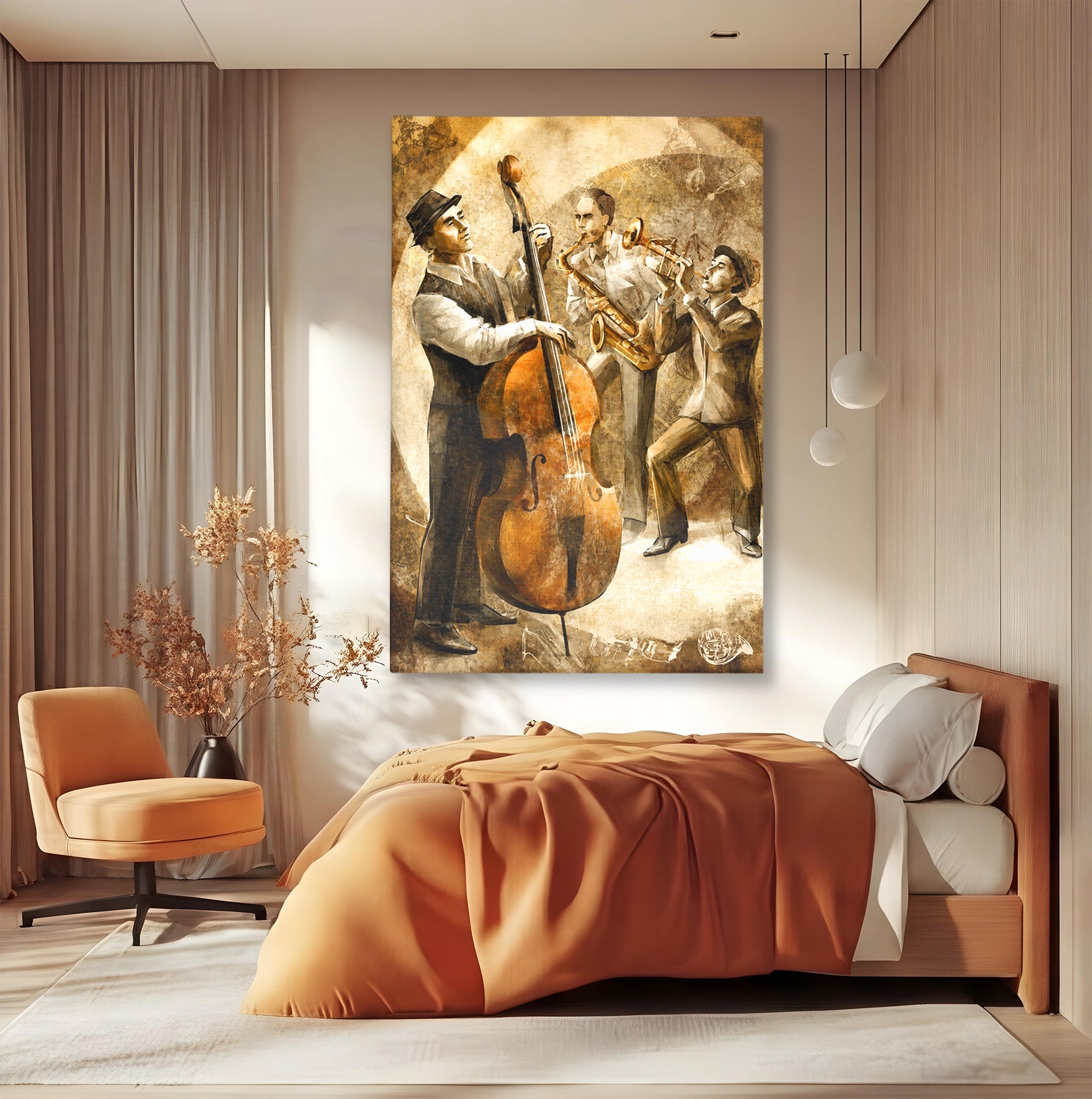 Tablou Canvas Premium LuxCanva® R1014, Trio Muzical de Jazz, Jazz, Muzica, Instrumente, Arta, Living, Birou, Culori Vibrante