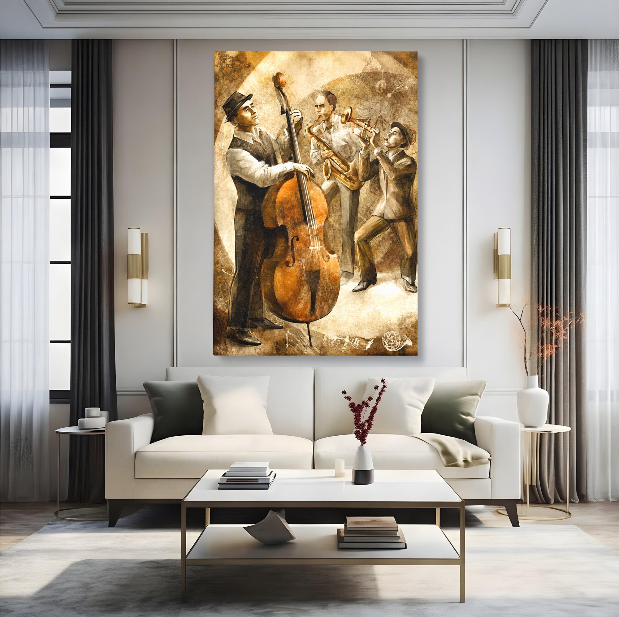 Tablou Canvas Premium LuxCanva® R1014, Trio Muzical de Jazz, Jazz, Muzica, Instrumente, Arta, Living, Birou, Culori Vibrante
