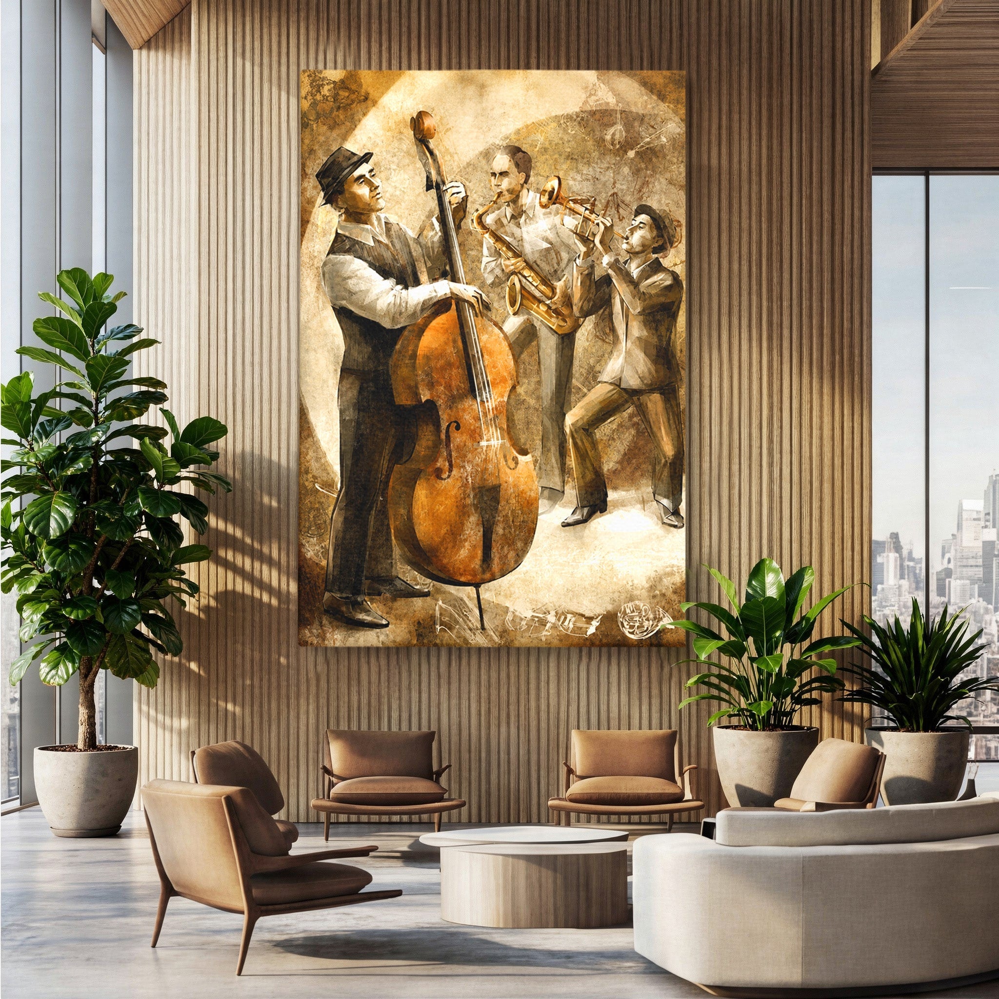 Tablou Canvas Premium LuxCanva® R1014, Trio Muzical de Jazz, Jazz, Muzica, Instrumente, Arta, Living, Birou, Culori Vibrante