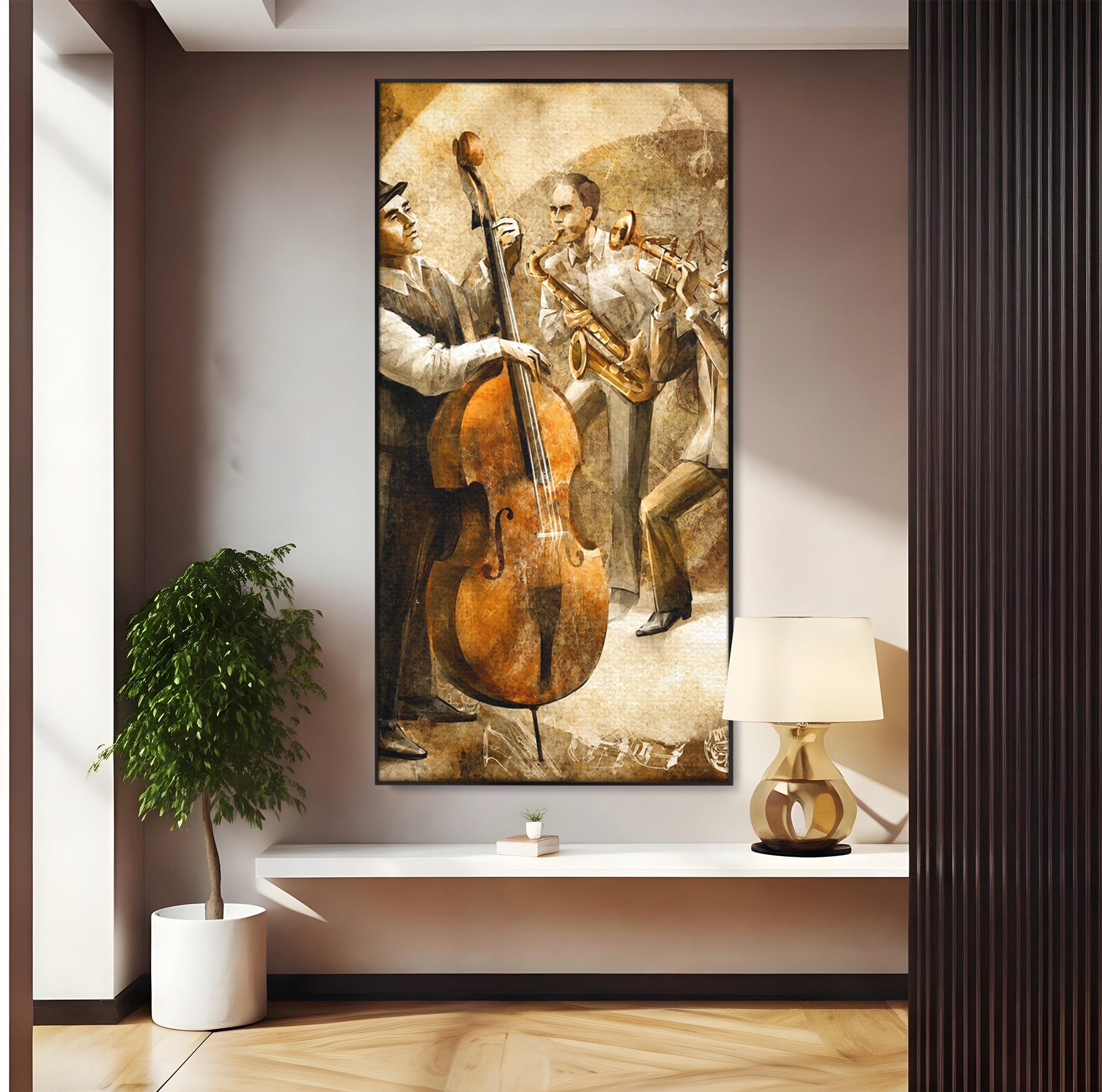 Tablou Canvas Premium LuxCanva® R1014, Trio Muzical de Jazz, Jazz, Muzica, Instrumente, Arta, Living, Birou, Culori Vibrante