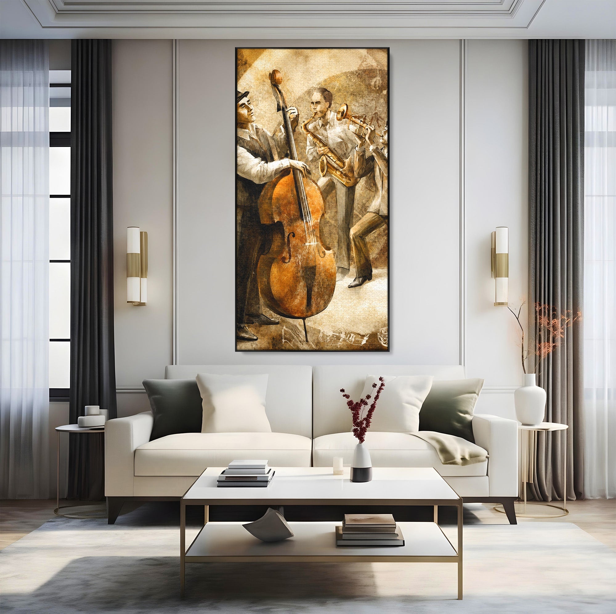 Tablou Canvas Premium LuxCanva® R1014, Trio Muzical de Jazz, Jazz, Muzica, Instrumente, Arta, Living, Birou, Culori Vibrante