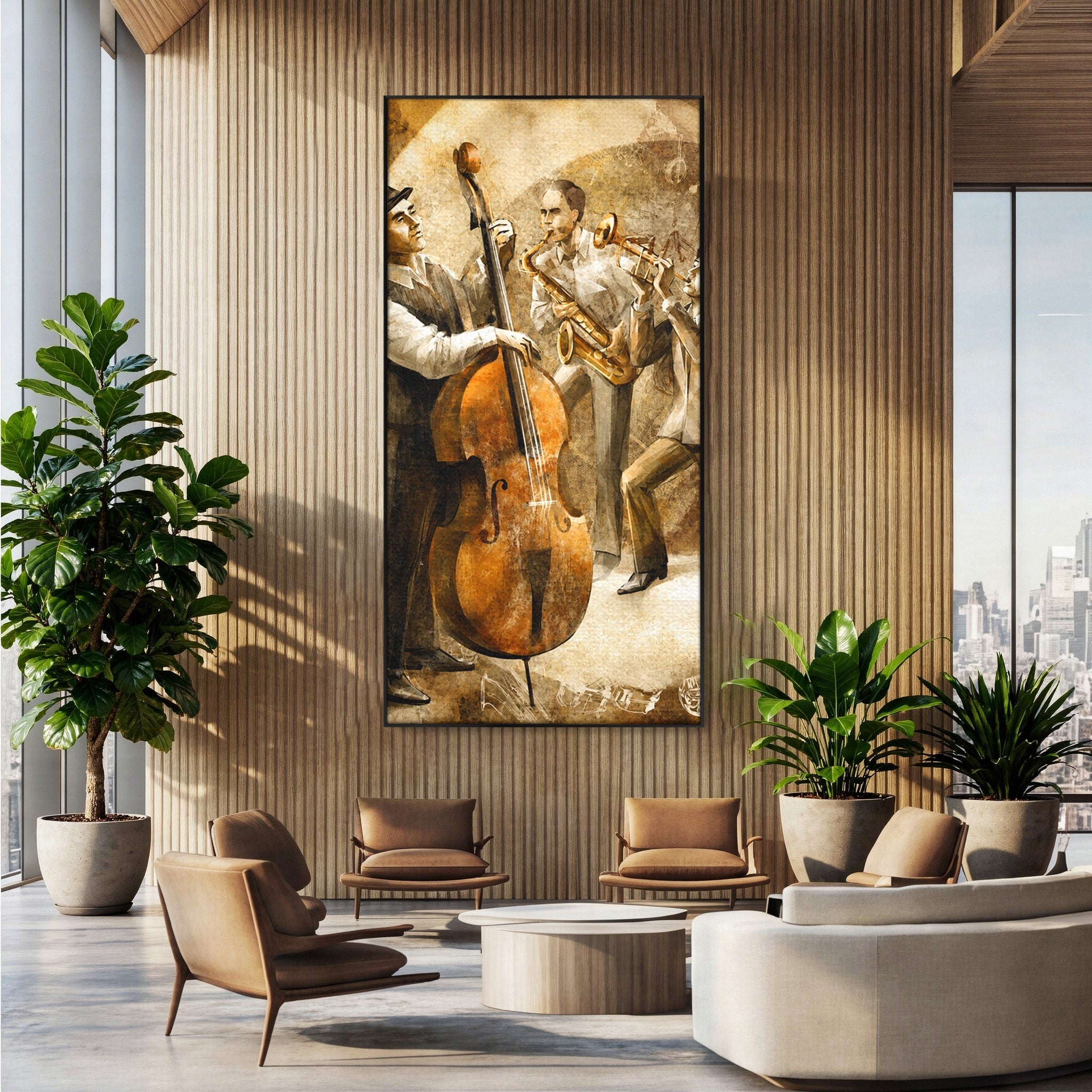 Tablou Canvas Premium LuxCanva® R1014, Trio Muzical de Jazz, Jazz, Muzica, Instrumente, Arta, Living, Birou, Culori Vibrante