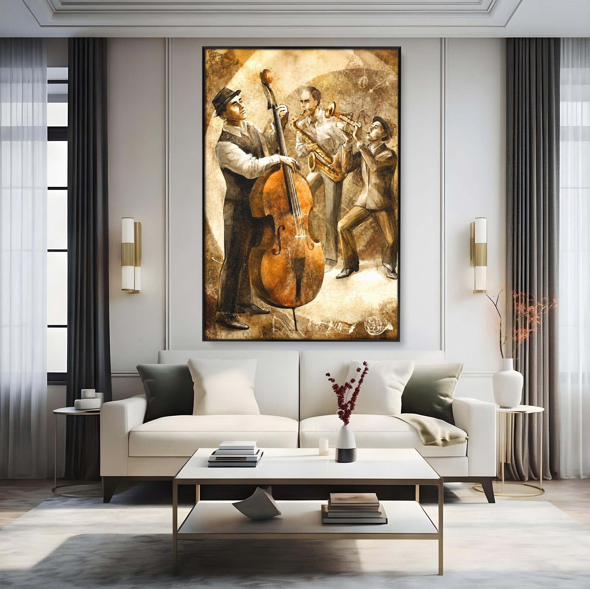 Tablou Canvas Premium LuxCanva® R1014, Trio Muzical de Jazz, Jazz, Muzica, Instrumente, Arta, Living, Birou, Culori Vibrante