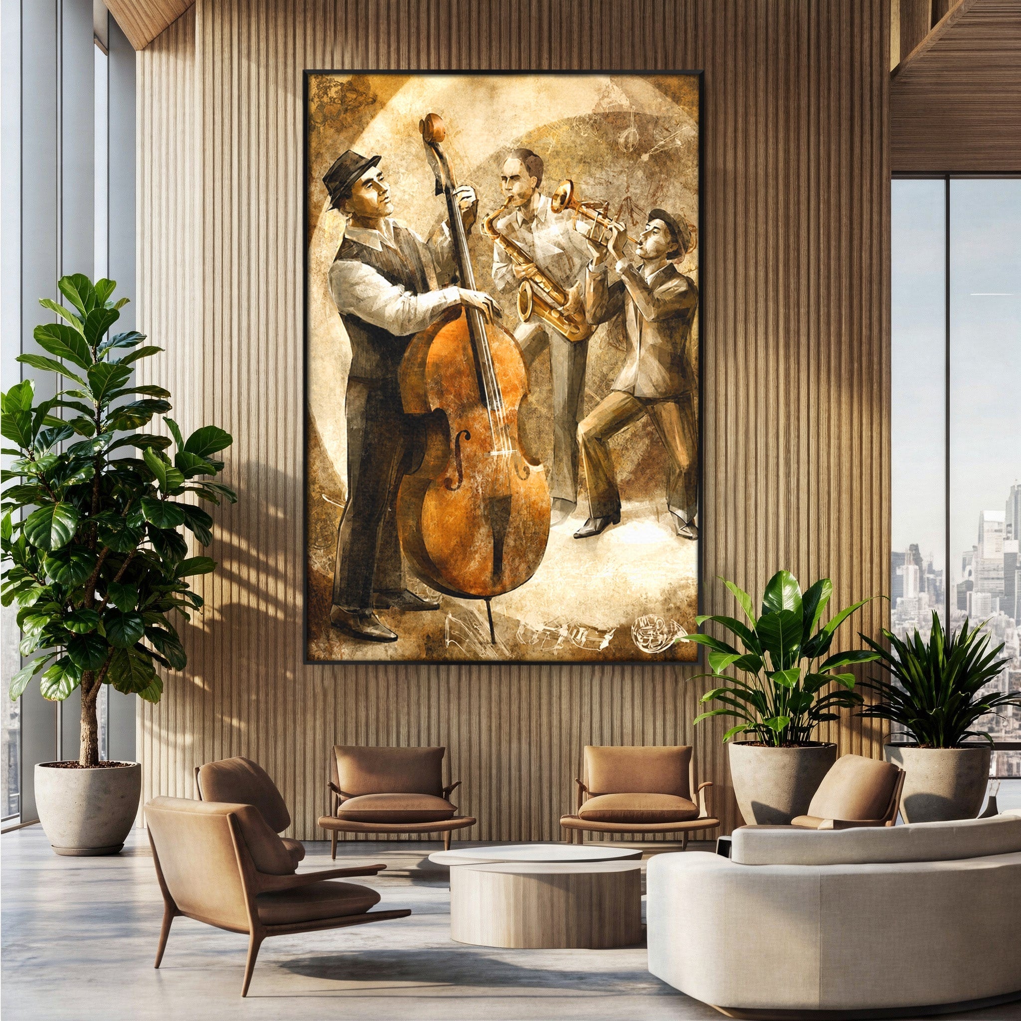 Tablou Canvas Premium LuxCanva® R1014, Trio Muzical de Jazz, Jazz, Muzica, Instrumente, Arta, Living, Birou, Culori Vibrante