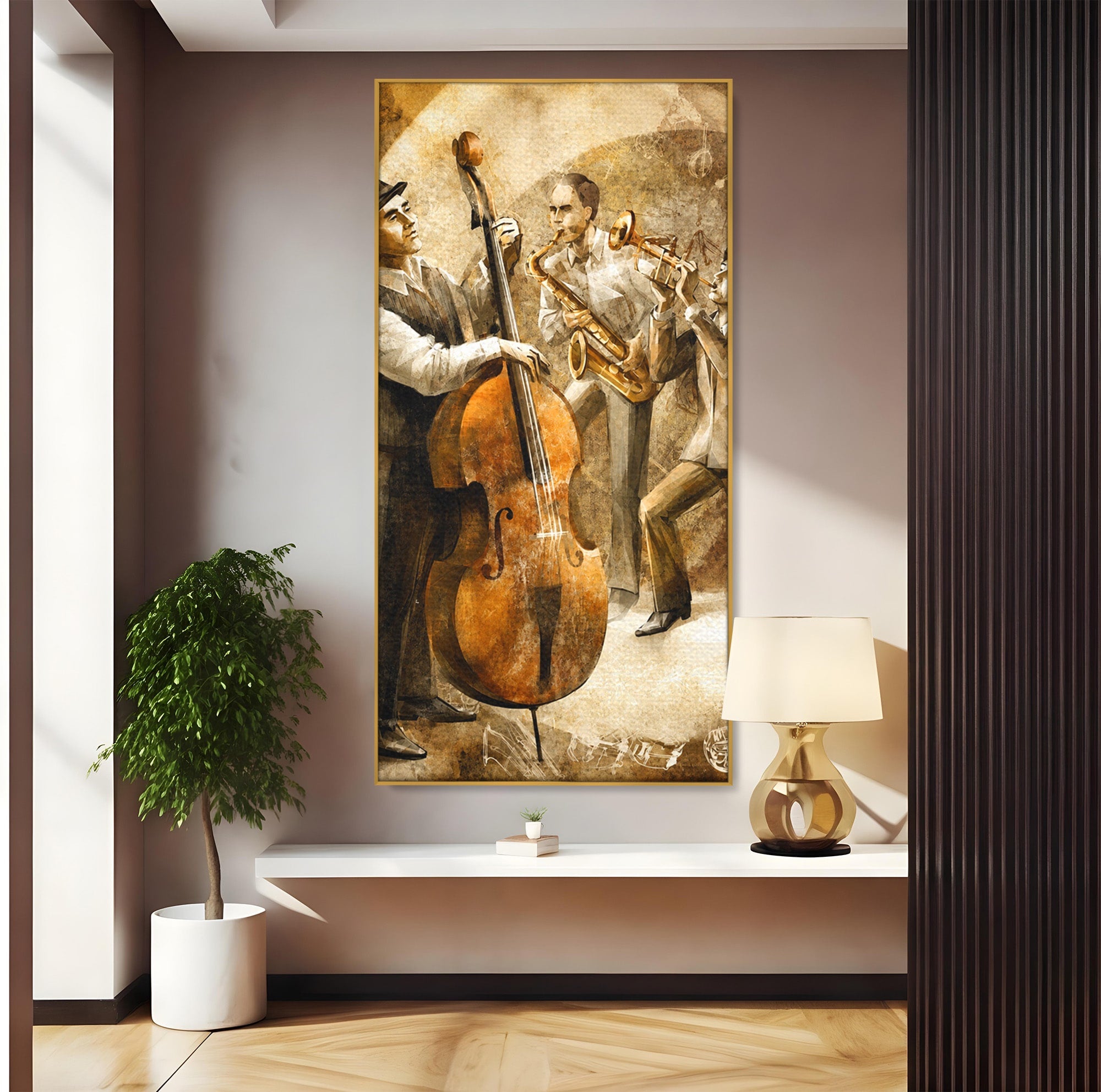 Tablou Canvas Premium LuxCanva® R1014, Trio Muzical de Jazz, Jazz, Muzica, Instrumente, Arta, Living, Birou, Culori Vibrante