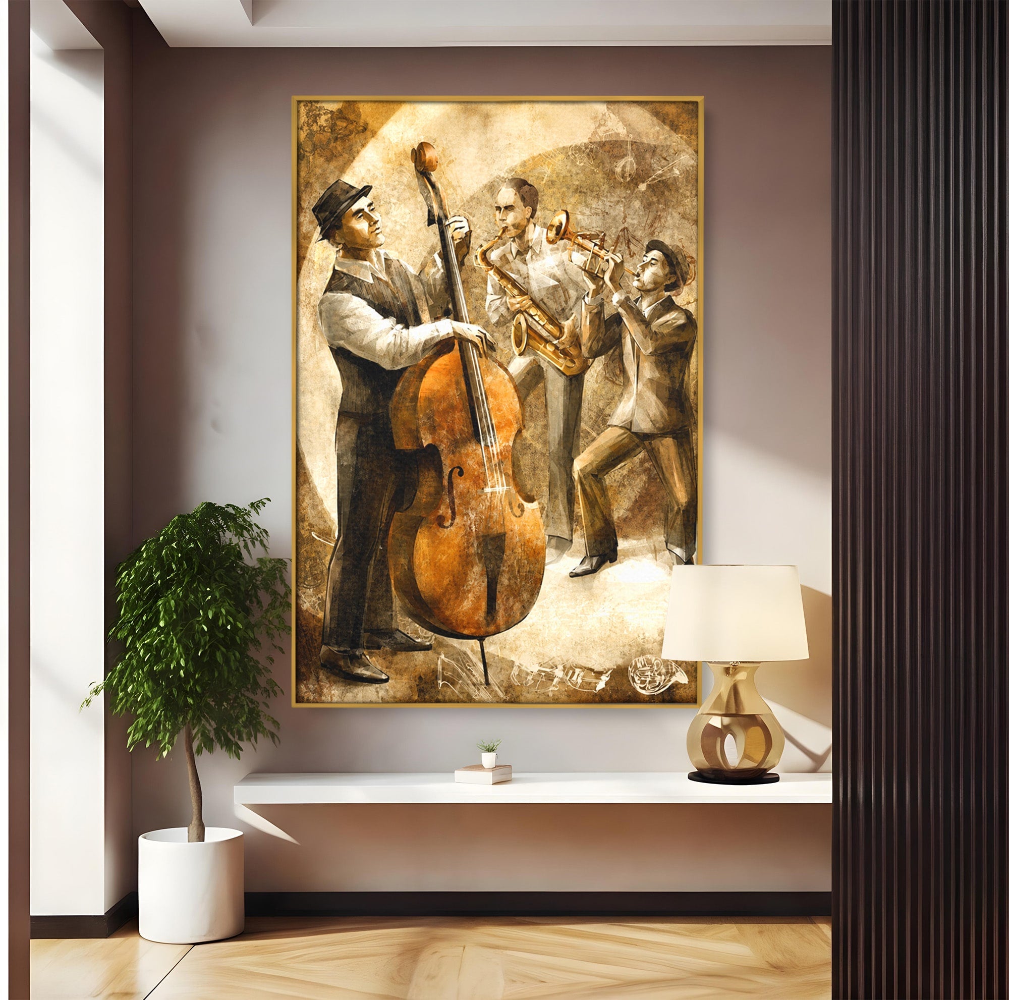Tablou Canvas Premium LuxCanva® R1014, Trio Muzical de Jazz, Jazz, Muzica, Instrumente, Arta, Living, Birou, Culori Vibrante