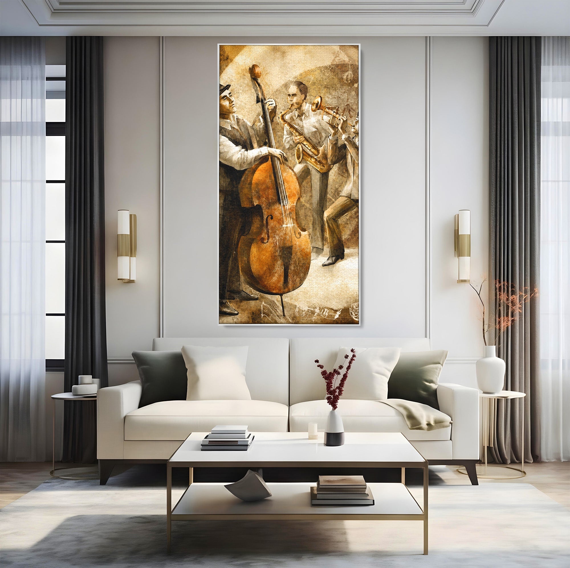 Tablou Canvas Premium LuxCanva® R1014, Trio Muzical de Jazz, Jazz, Muzica, Instrumente, Arta, Living, Birou, Culori Vibrante