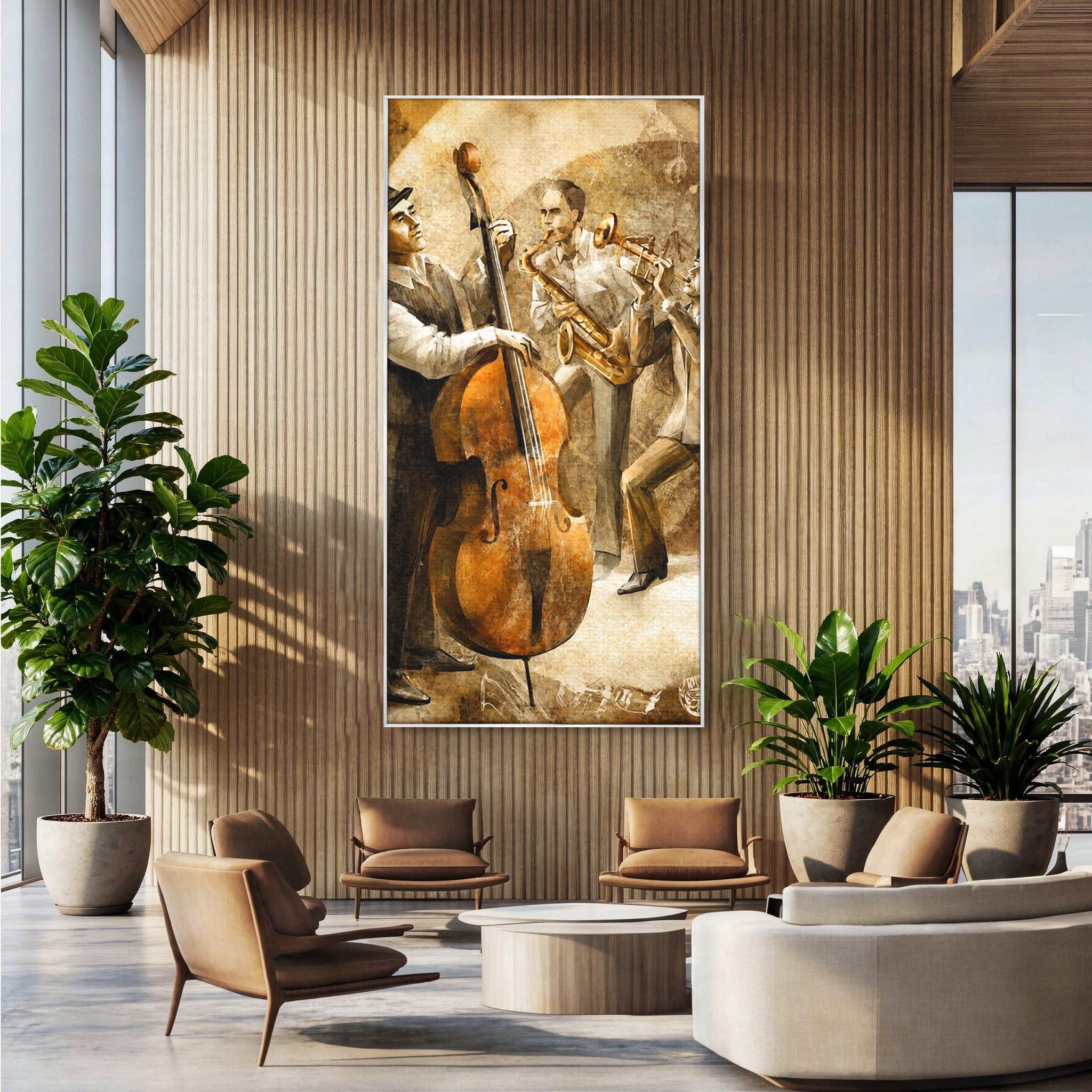 Tablou Canvas Premium LuxCanva® R1014, Trio Muzical de Jazz, Jazz, Muzica, Instrumente, Arta, Living, Birou, Culori Vibrante