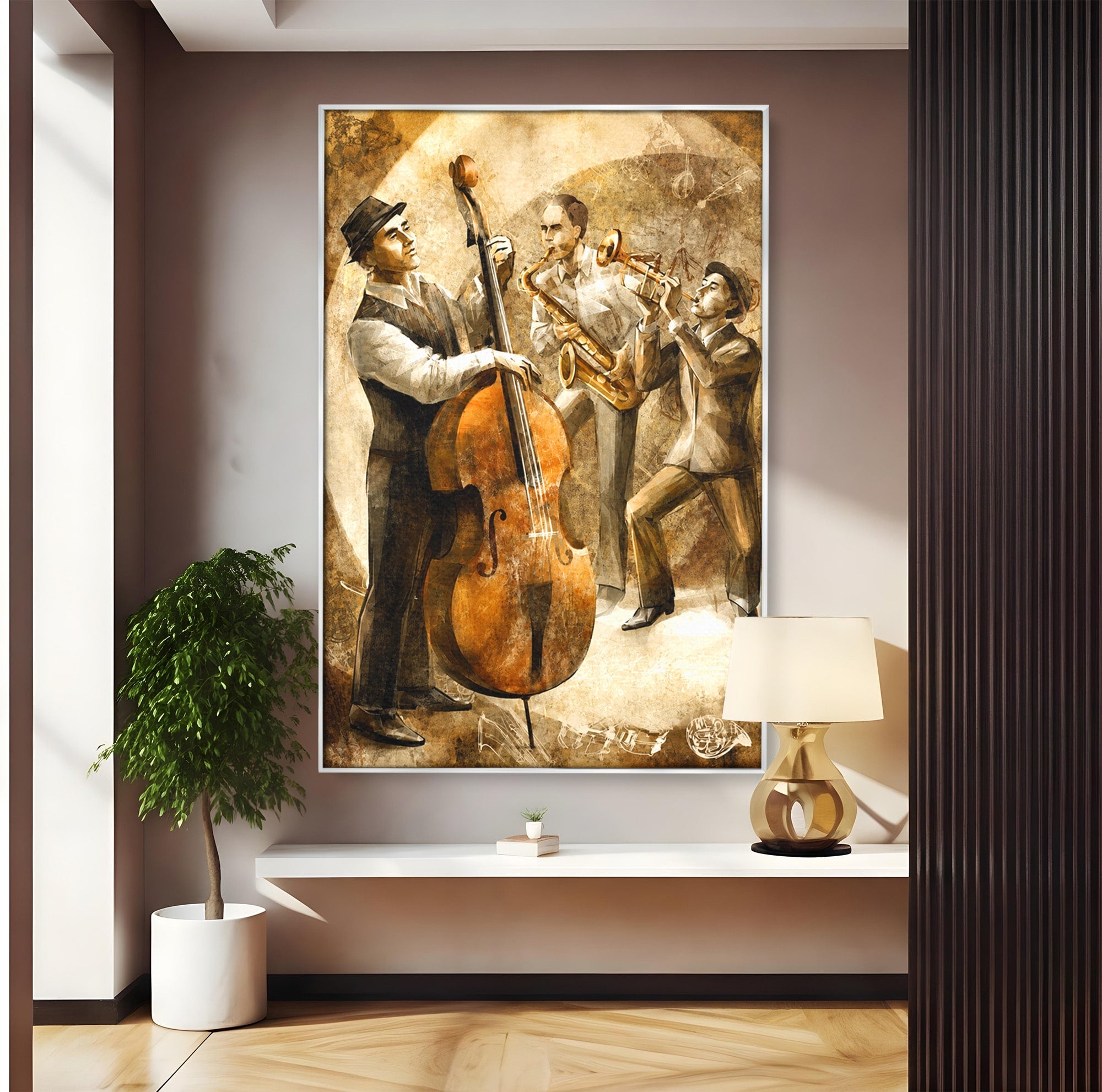 Tablou Canvas Premium LuxCanva® R1014, Trio Muzical de Jazz, Jazz, Muzica, Instrumente, Arta, Living, Birou, Culori Vibrante