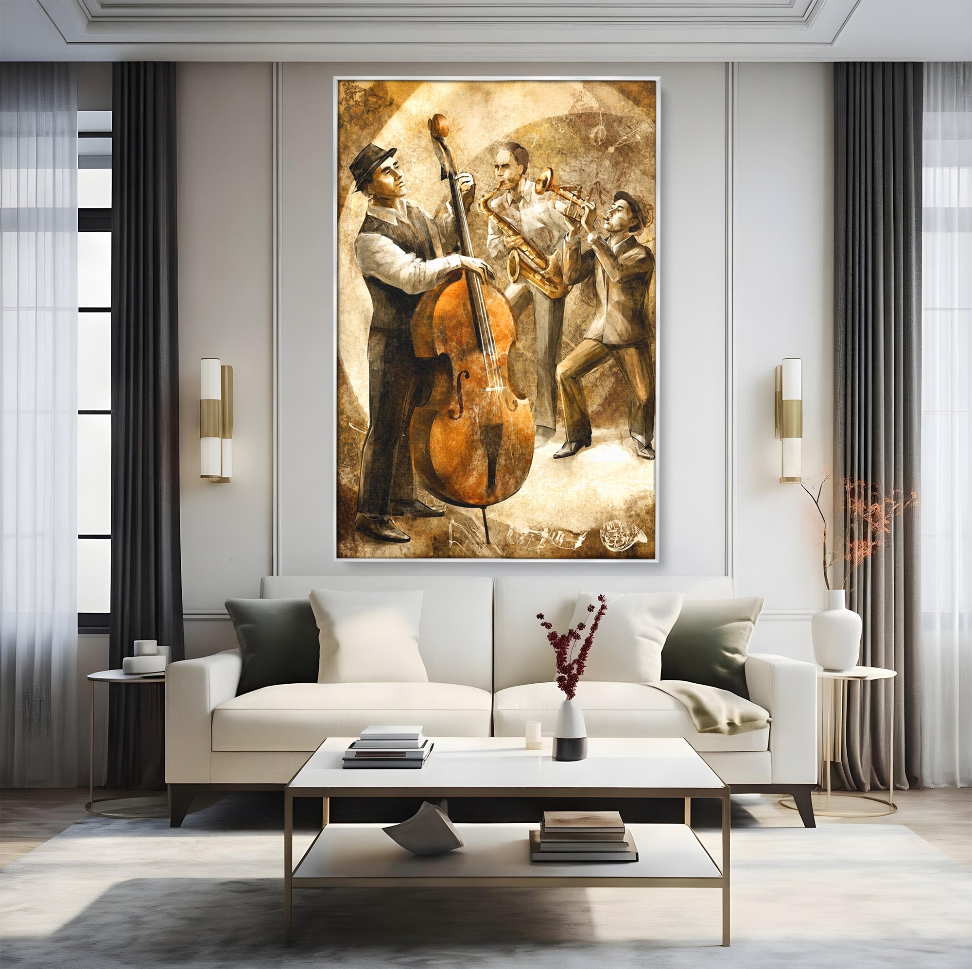 Tablou Canvas Premium LuxCanva® R1014, Trio Muzical de Jazz, Jazz, Muzica, Instrumente, Arta, Living, Birou, Culori Vibrante