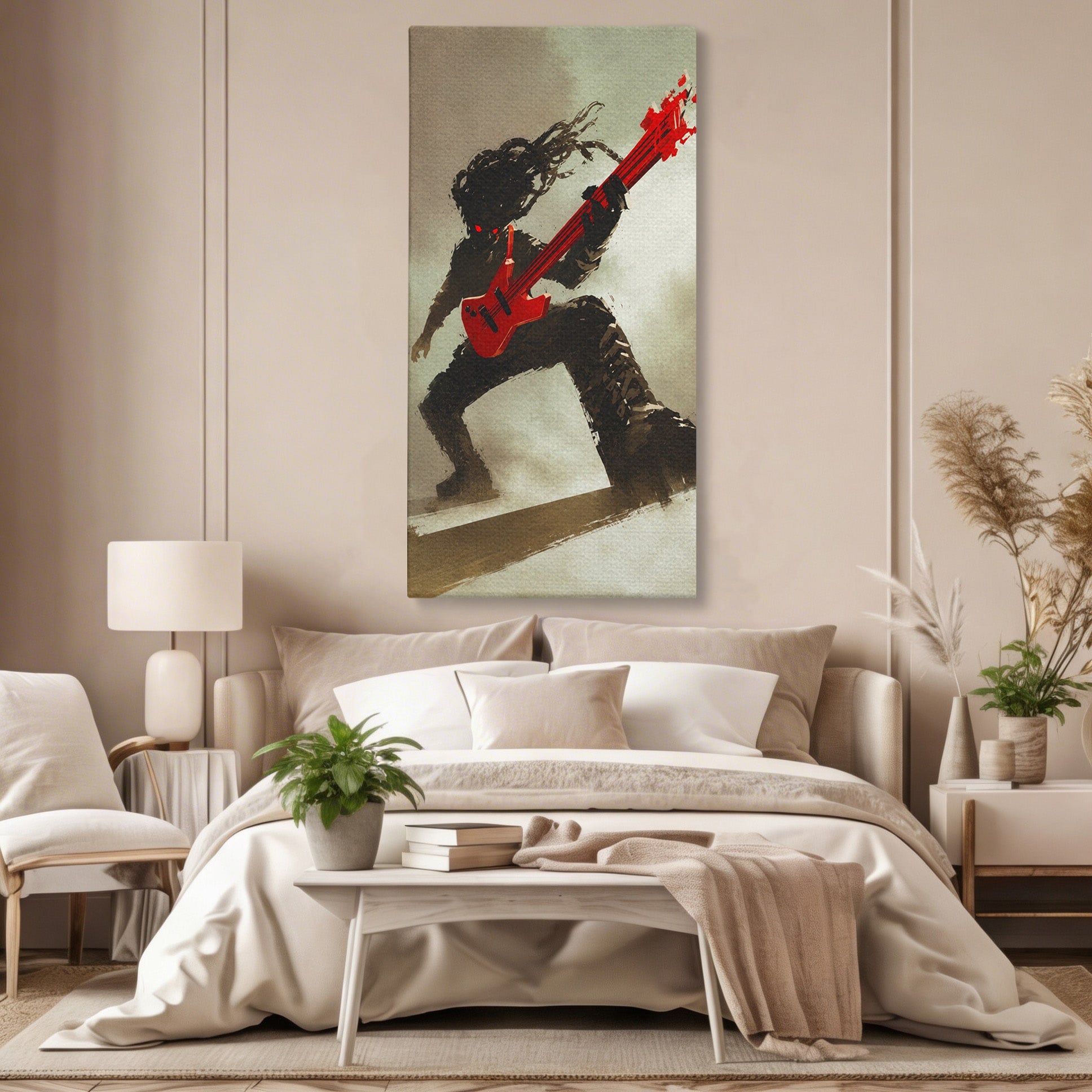 Tablou Canvas Premium LuxCanva® R1015, Chitaristul Umbrelor, Chitarist, Muzica, Rock, Dinamism, Dormitor, Culori Vibrante