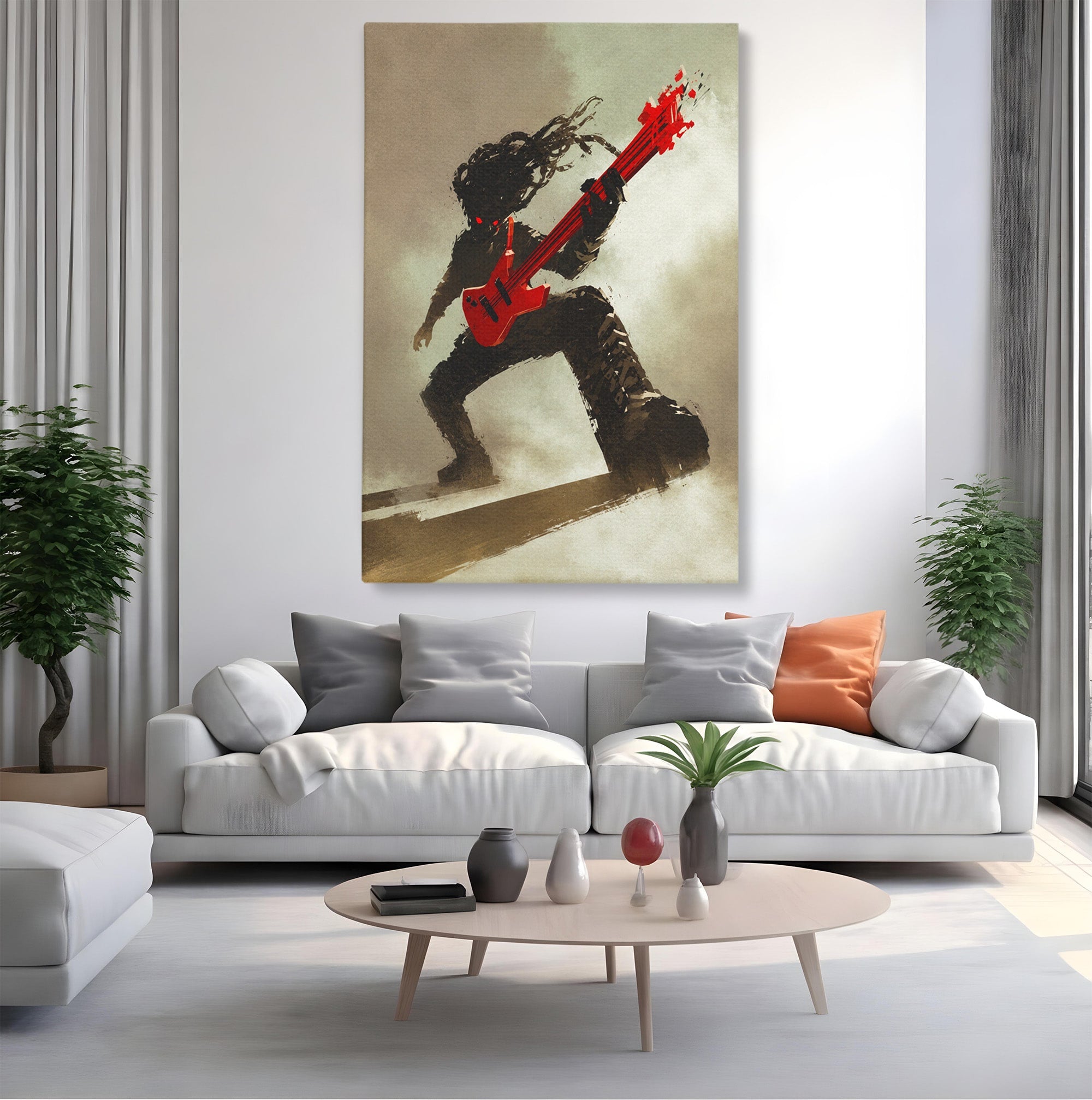 Tablou Canvas Premium LuxCanva® R1015, Chitaristul Umbrelor, Chitarist, Muzica, Rock, Dinamism, Dormitor, Culori Vibrante