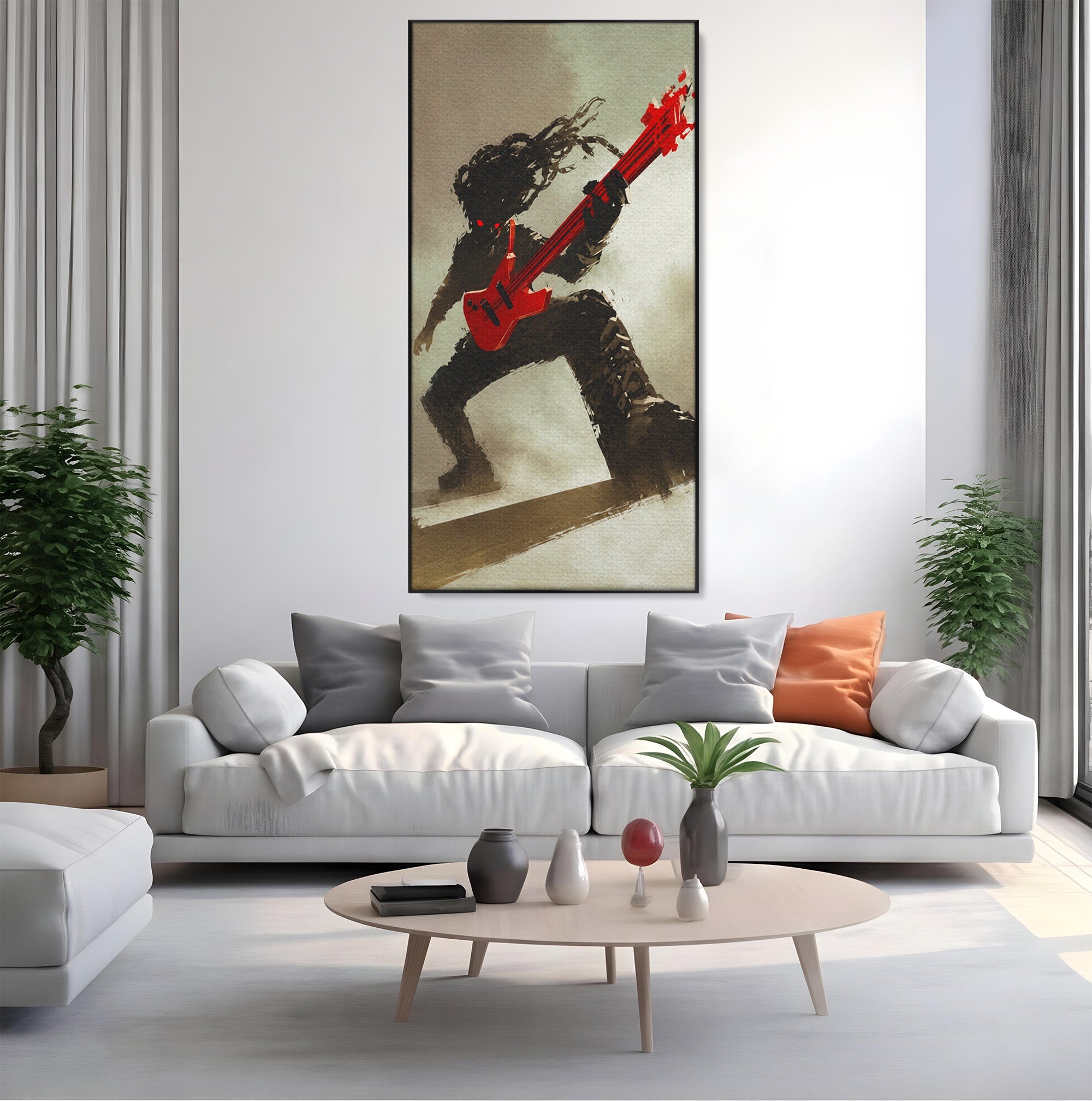 Tablou Canvas Premium LuxCanva® R1015, Chitaristul Umbrelor, Chitarist, Muzica, Rock, Dinamism, Dormitor, Culori Vibrante