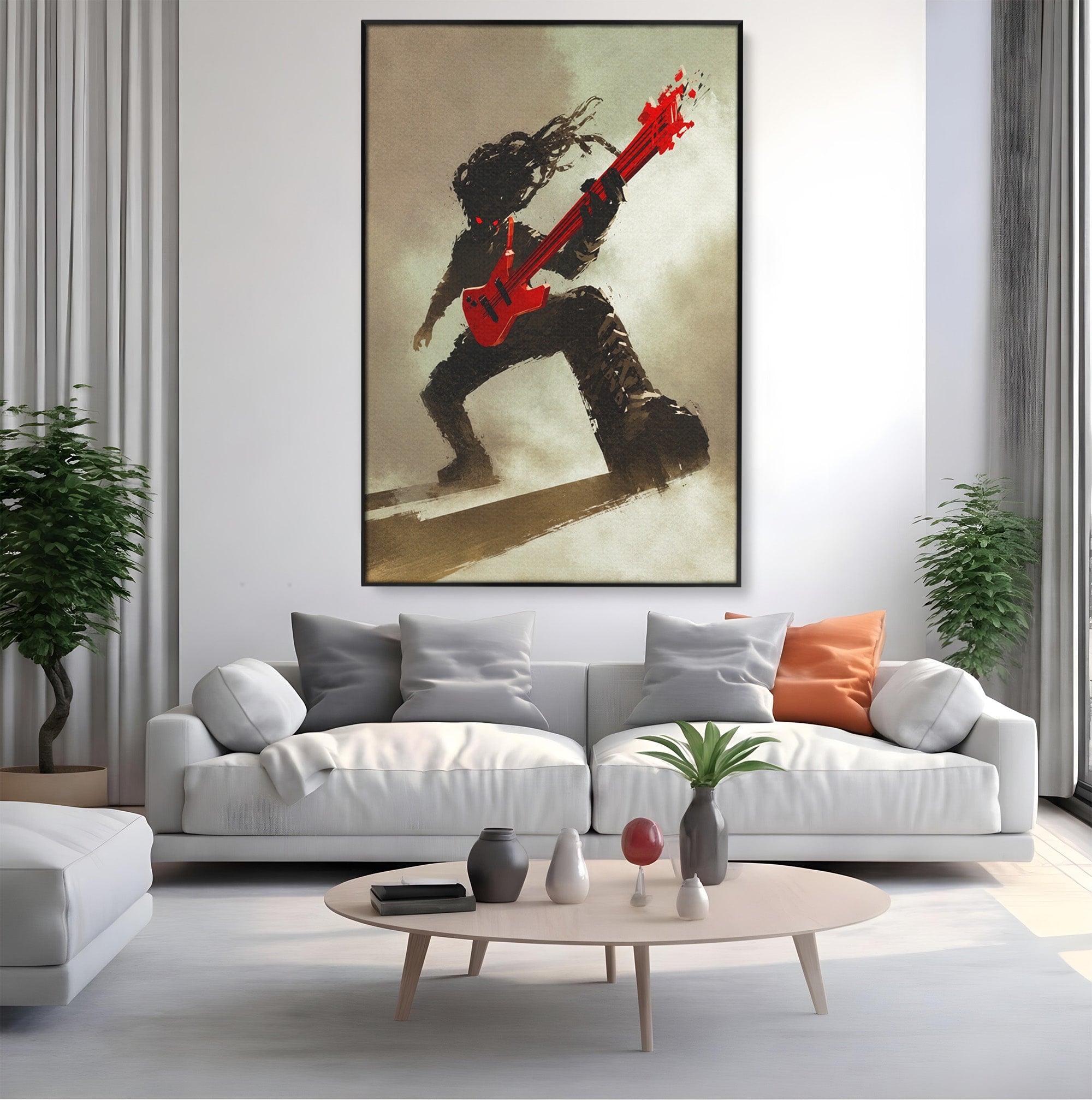 Tablou Canvas Premium LuxCanva® R1015, Chitaristul Umbrelor, Chitarist, Muzica, Rock, Dinamism, Dormitor, Culori Vibrante