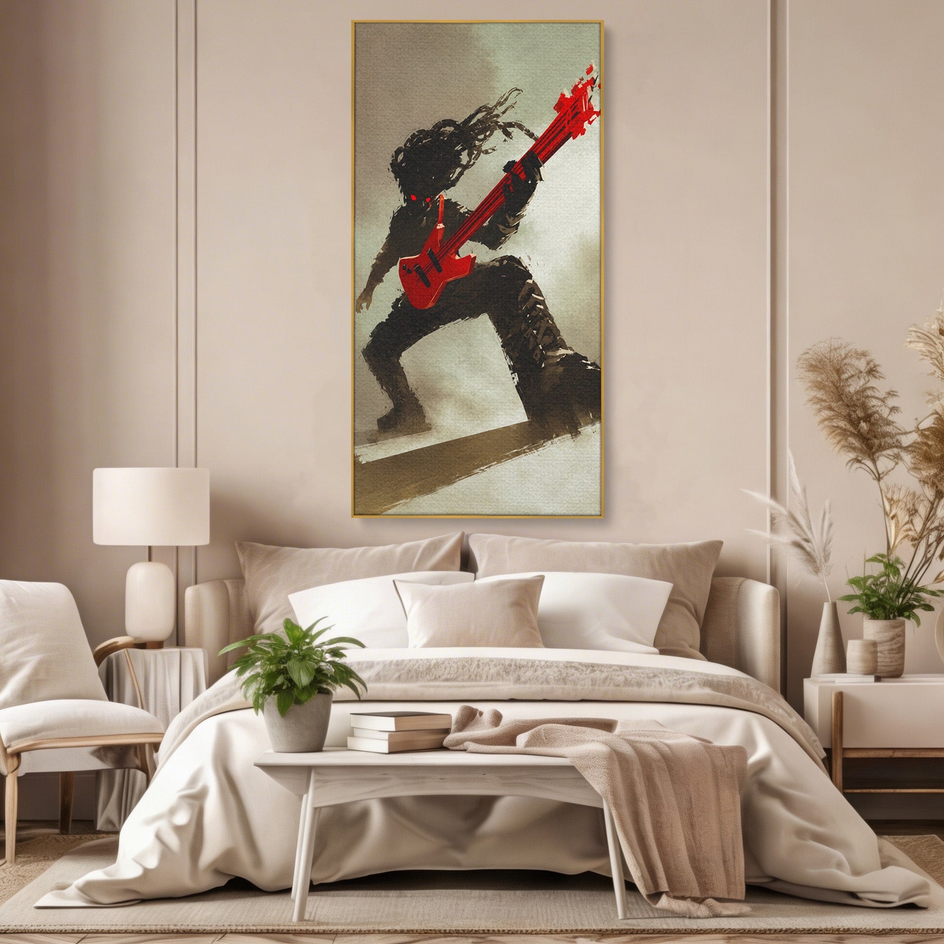 Tablou Canvas Premium LuxCanva® R1015, Chitaristul Umbrelor, Chitarist, Muzica, Rock, Dinamism, Dormitor, Culori Vibrante