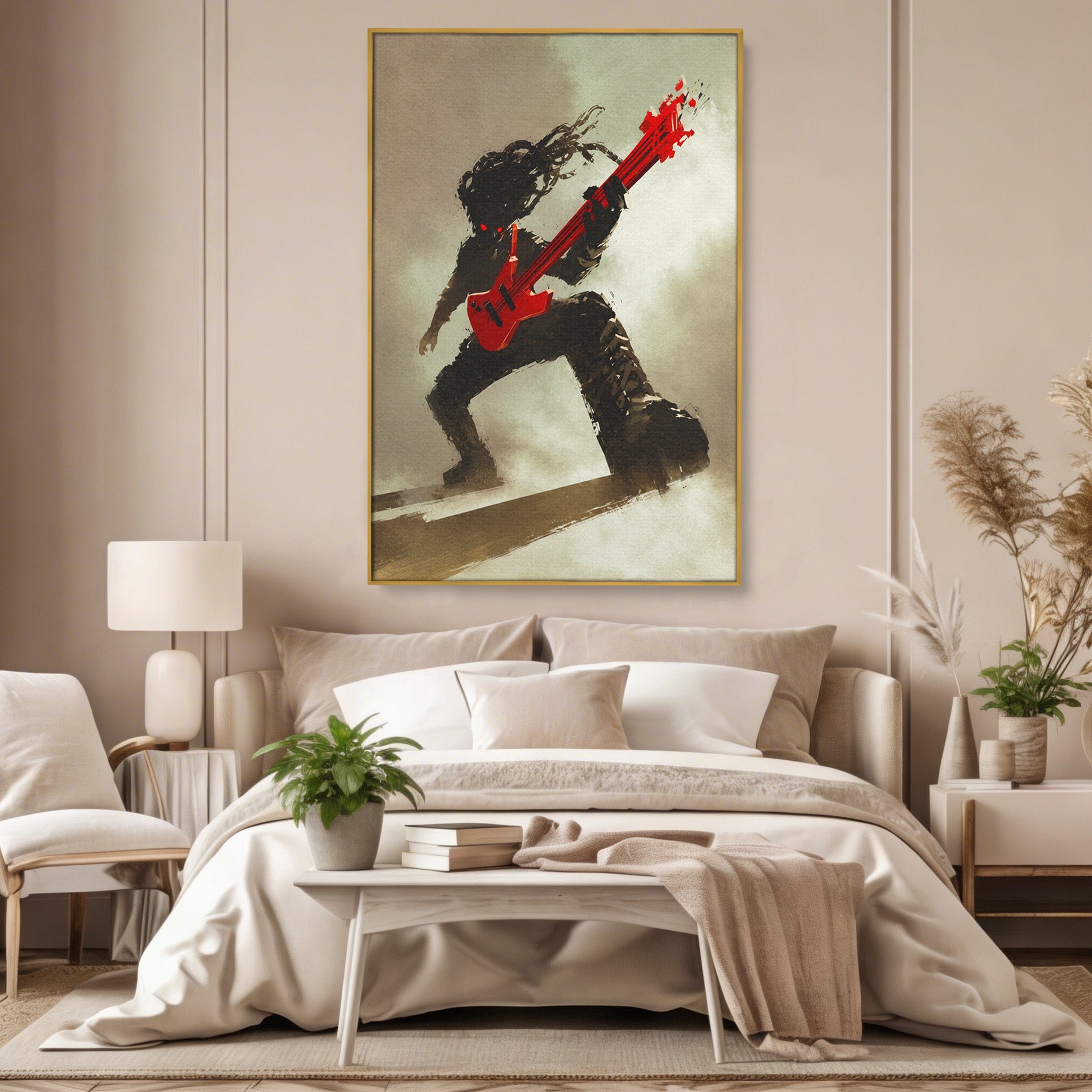 Tablou Canvas Premium LuxCanva® R1015, Chitaristul Umbrelor, Chitarist, Muzica, Rock, Dinamism, Dormitor, Culori Vibrante