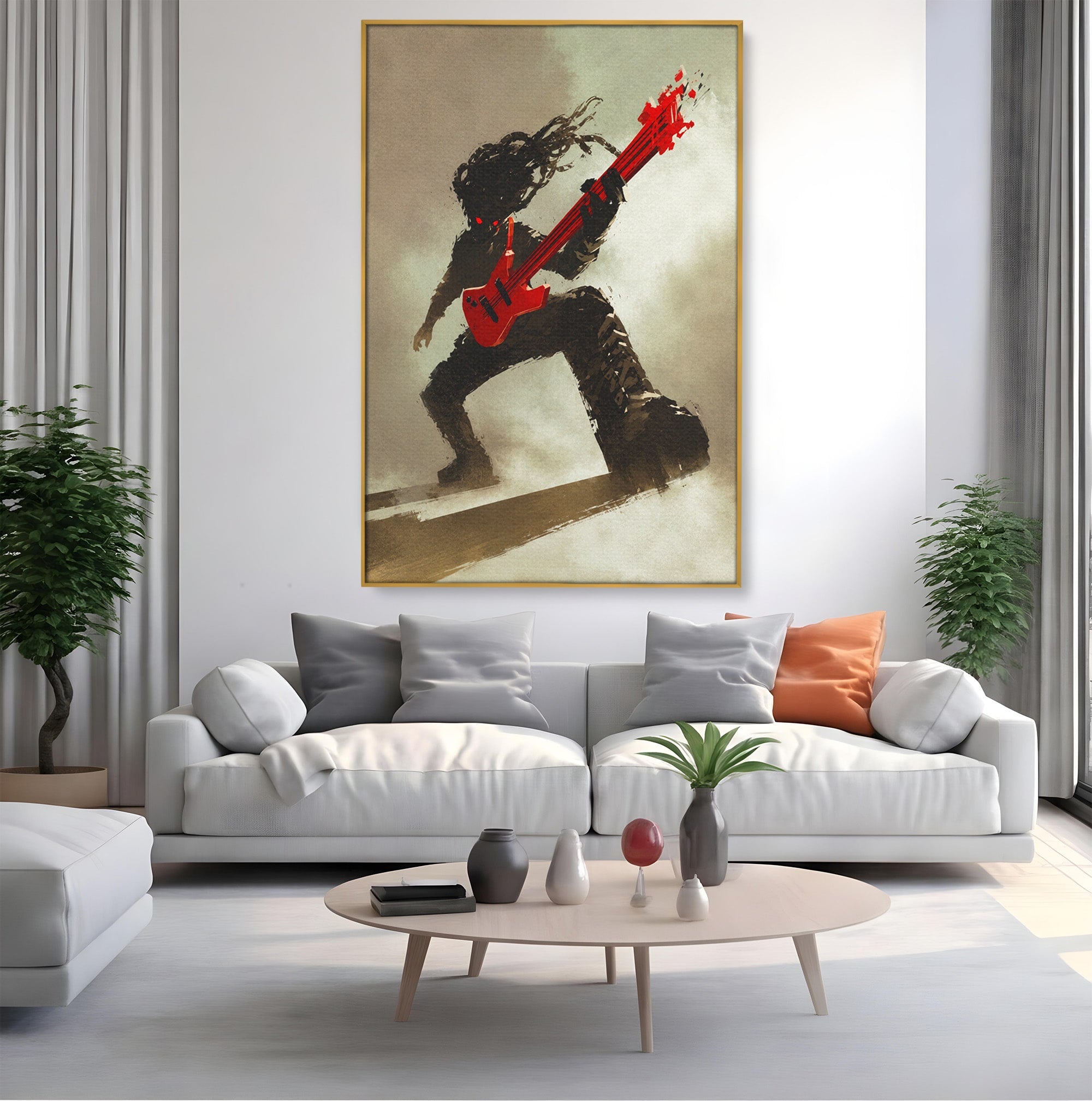 Tablou Canvas Premium LuxCanva® R1015, Chitaristul Umbrelor, Chitarist, Muzica, Rock, Dinamism, Dormitor, Culori Vibrante