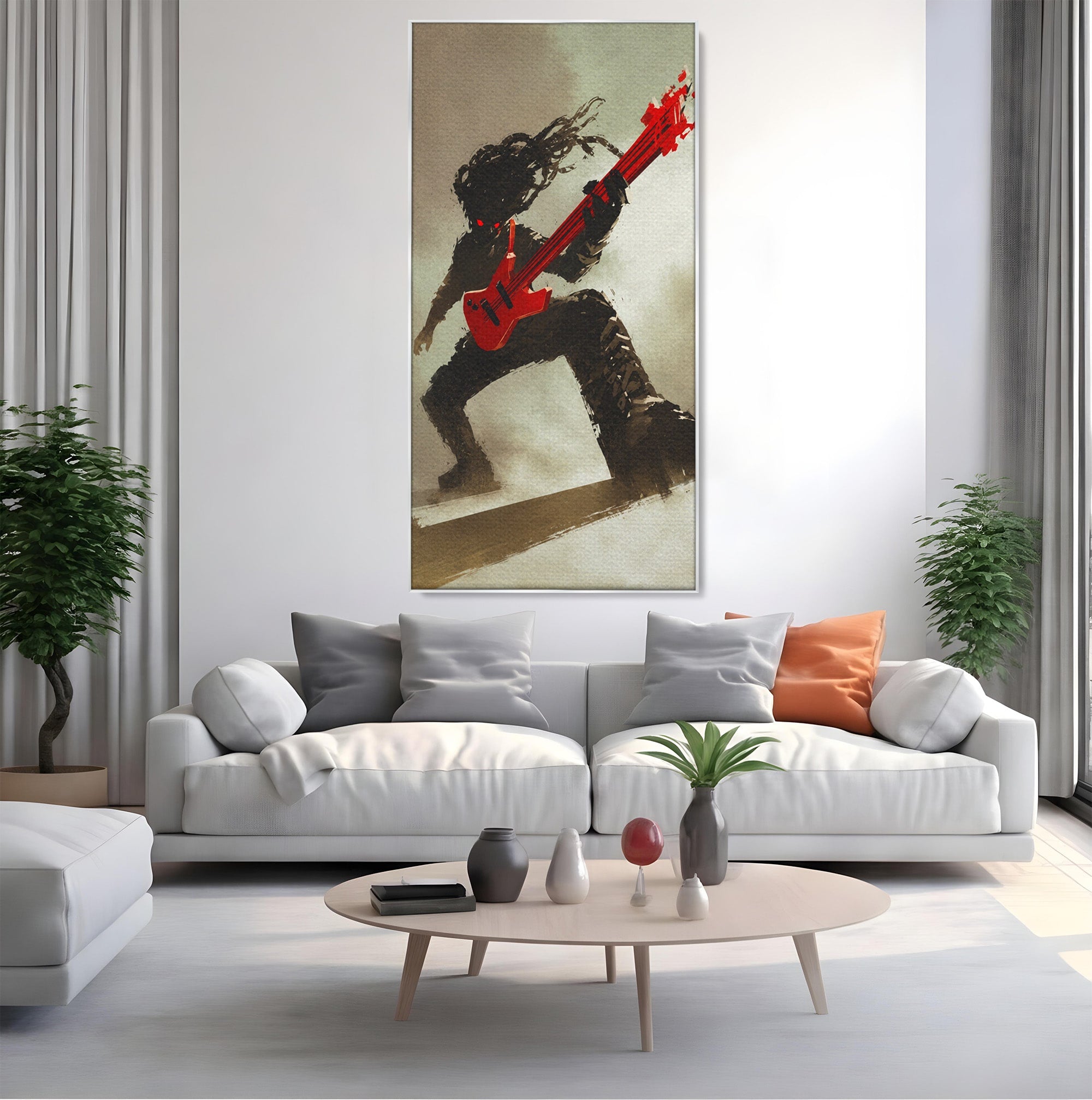 Tablou Canvas Premium LuxCanva® R1015, Chitaristul Umbrelor, Chitarist, Muzica, Rock, Dinamism, Dormitor, Culori Vibrante