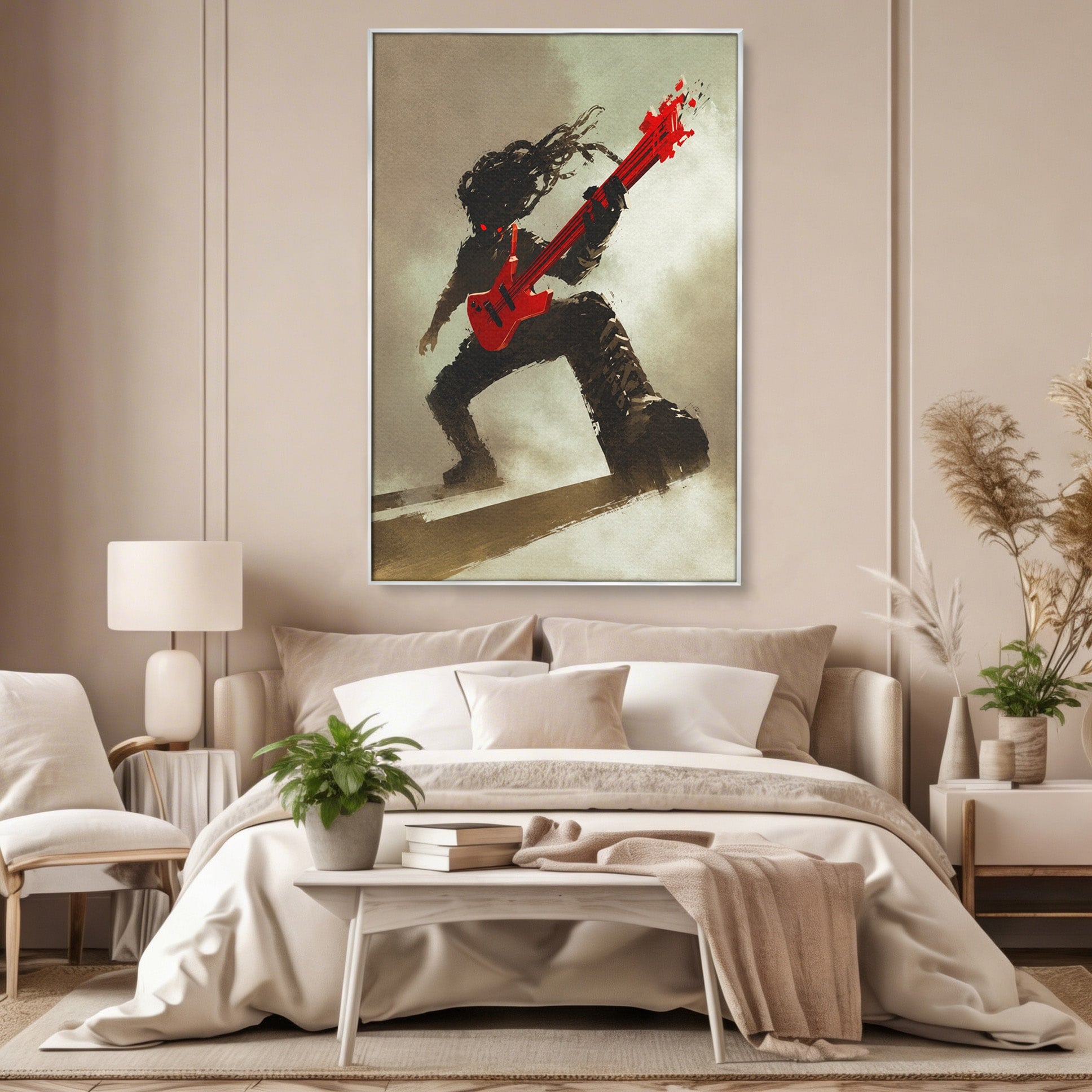 Tablou Canvas Premium LuxCanva® R1015, Chitaristul Umbrelor, Chitarist, Muzica, Rock, Dinamism, Dormitor, Culori Vibrante