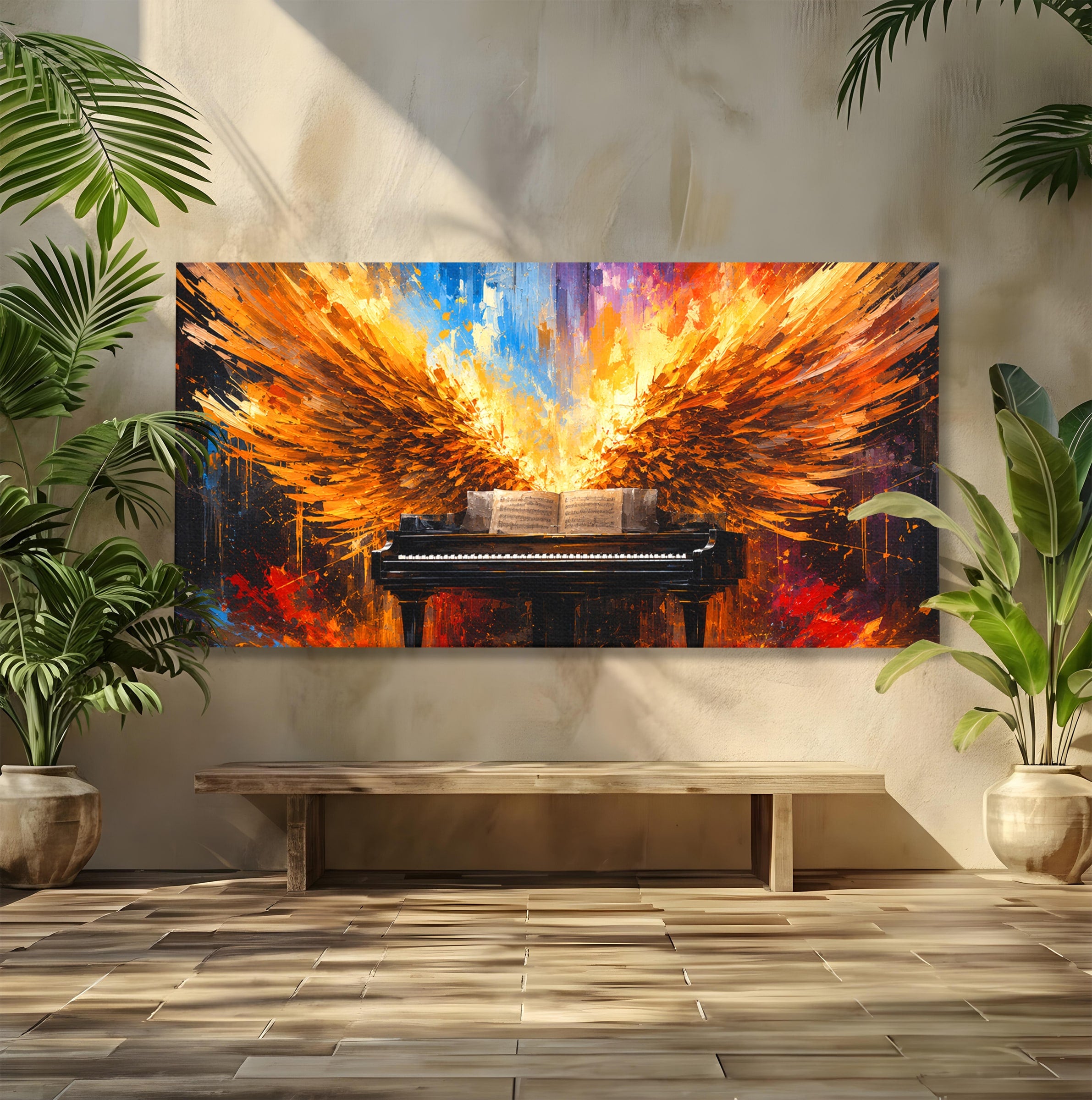 Tablou Canvas Premium LuxCanva® R1016, Pianul Aripi de Foc, Pian, Aripi, Foc, Arta Abstracta, Living, Culori Vibrante
