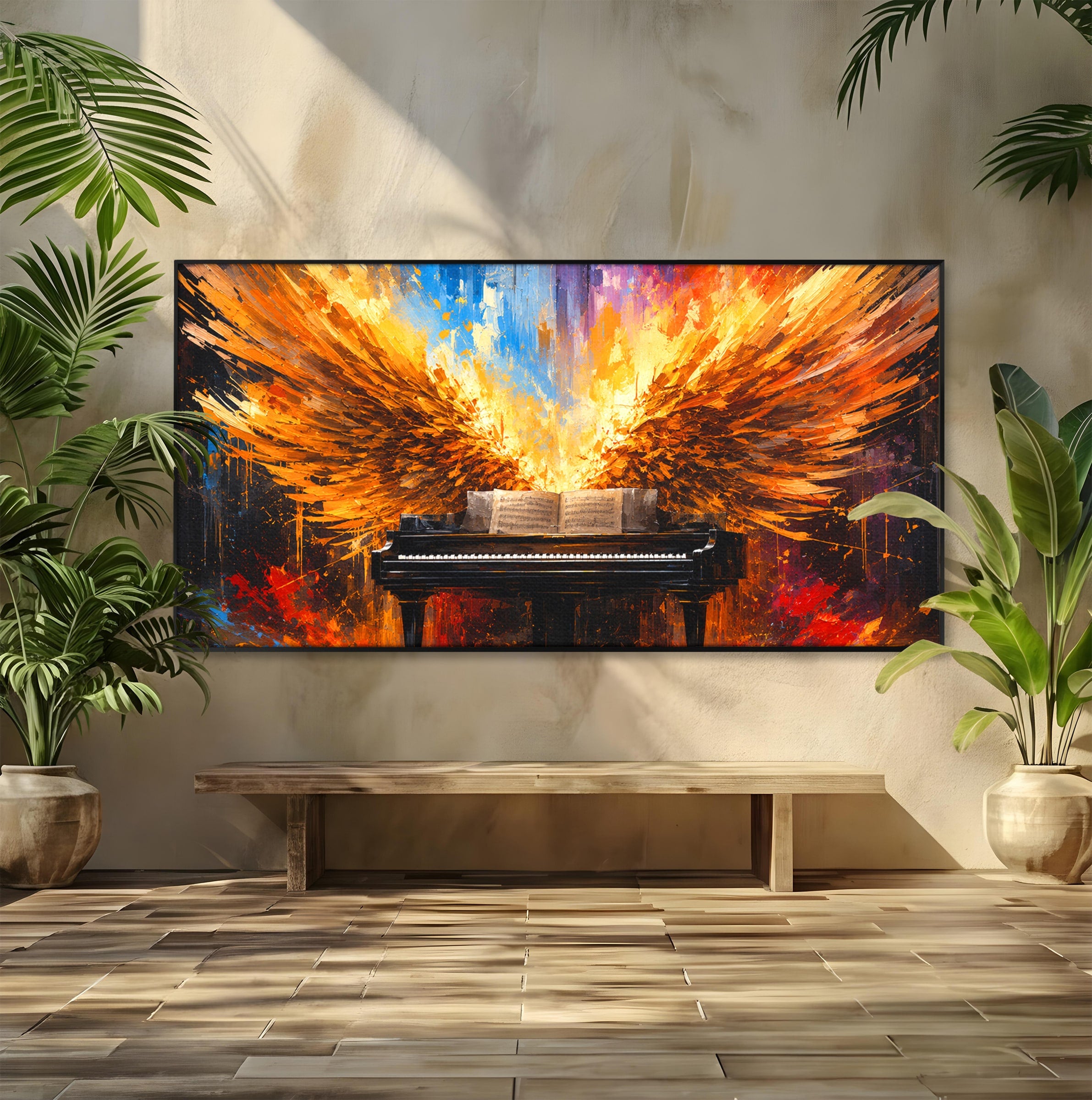 Tablou Canvas Premium LuxCanva® R1016, Pianul Aripi de Foc, Pian, Aripi, Foc, Arta Abstracta, Living, Culori Vibrante