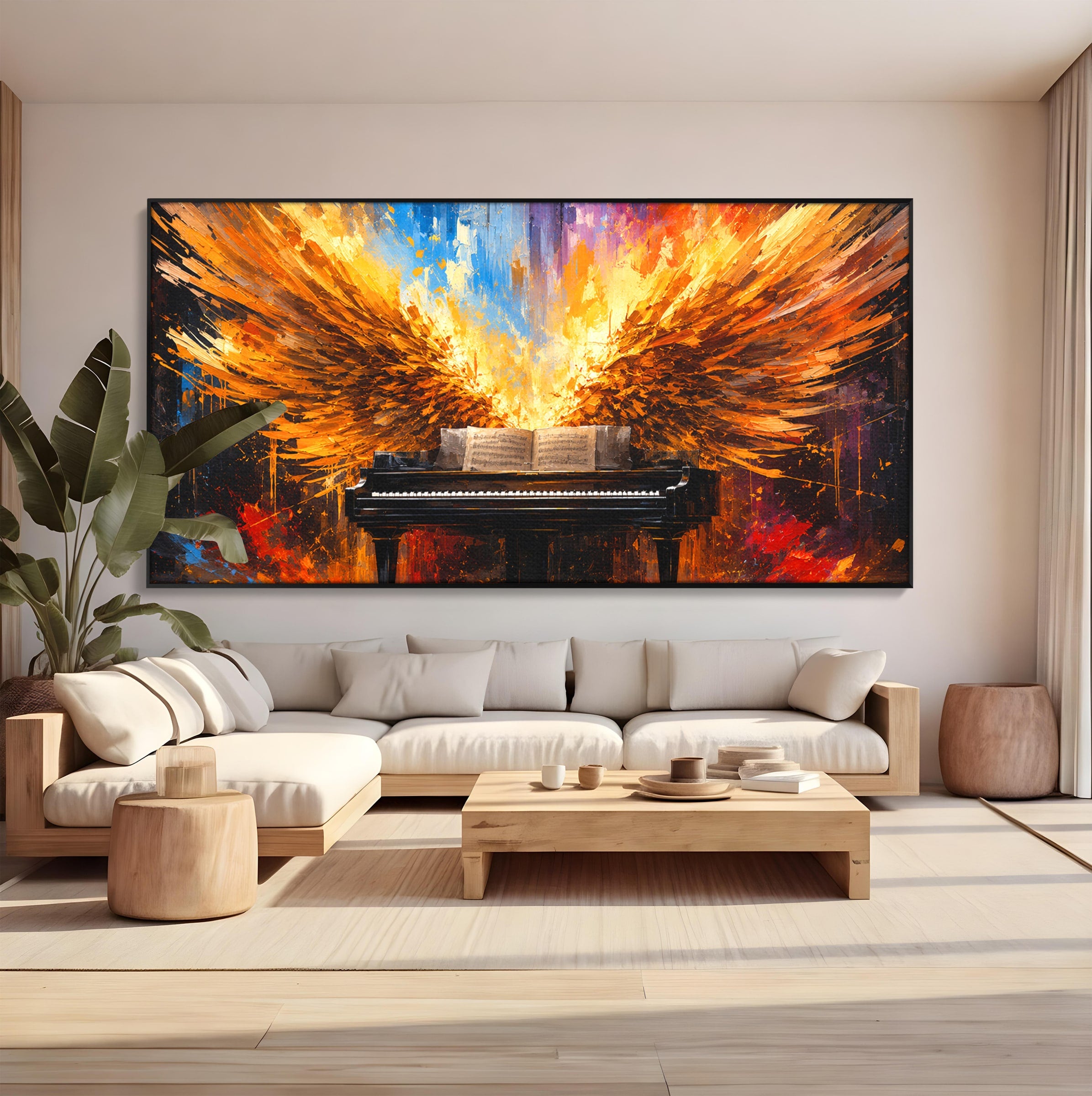 Tablou Canvas Premium LuxCanva® R1016, Pianul Aripi de Foc, Pian, Aripi, Foc, Arta Abstracta, Living, Culori Vibrante