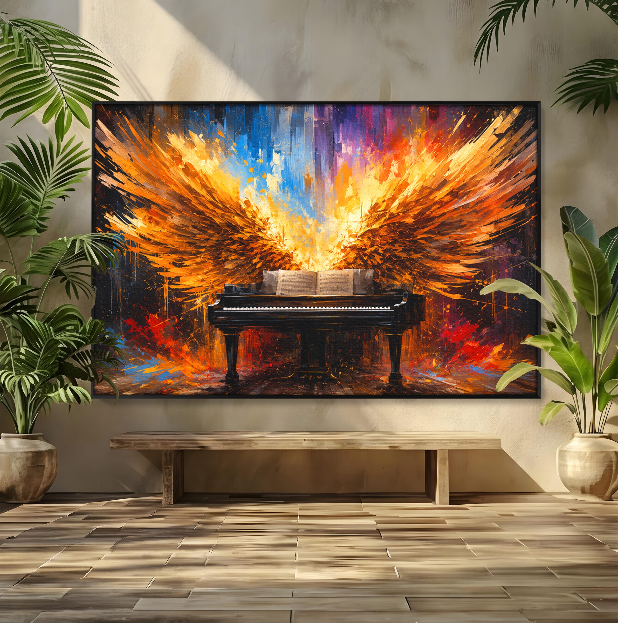 Tablou Canvas Premium LuxCanva® R1016, Pianul Aripi de Foc, Pian, Aripi, Foc, Arta Abstracta, Living, Culori Vibrante
