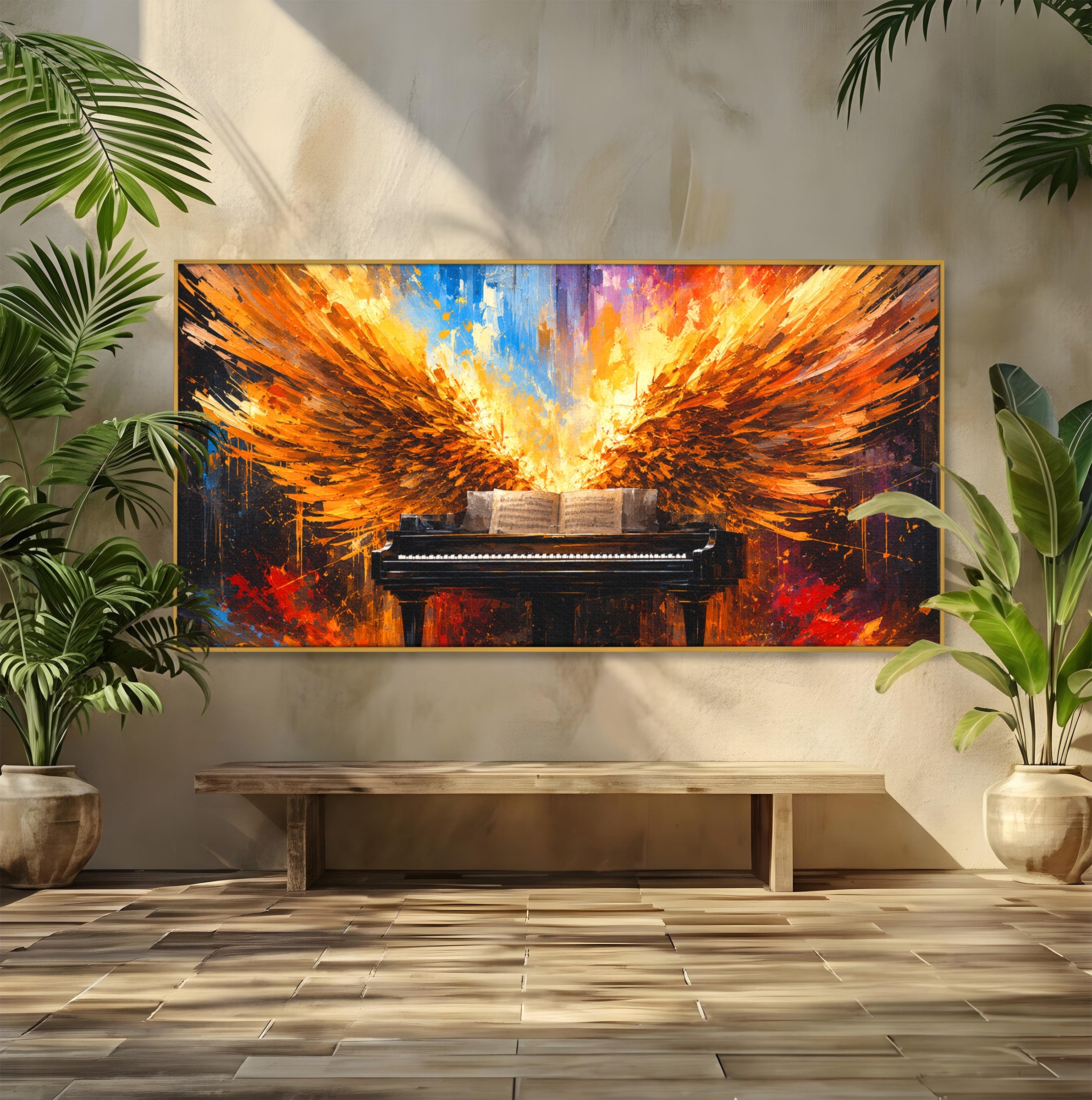 Tablou Canvas Premium LuxCanva® R1016, Pianul Aripi de Foc, Pian, Aripi, Foc, Arta Abstracta, Living, Culori Vibrante