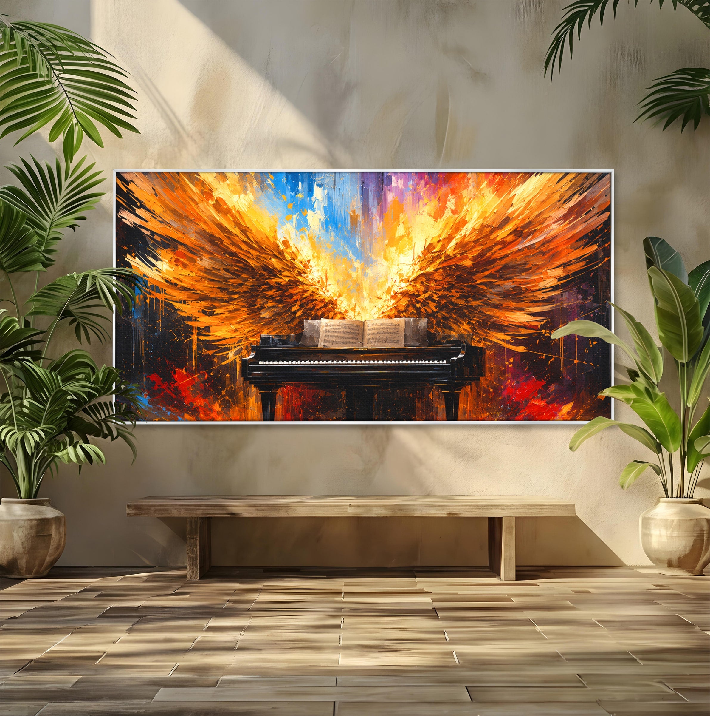 Tablou Canvas Premium LuxCanva® R1016, Pianul Aripi de Foc, Pian, Aripi, Foc, Arta Abstracta, Living, Culori Vibrante