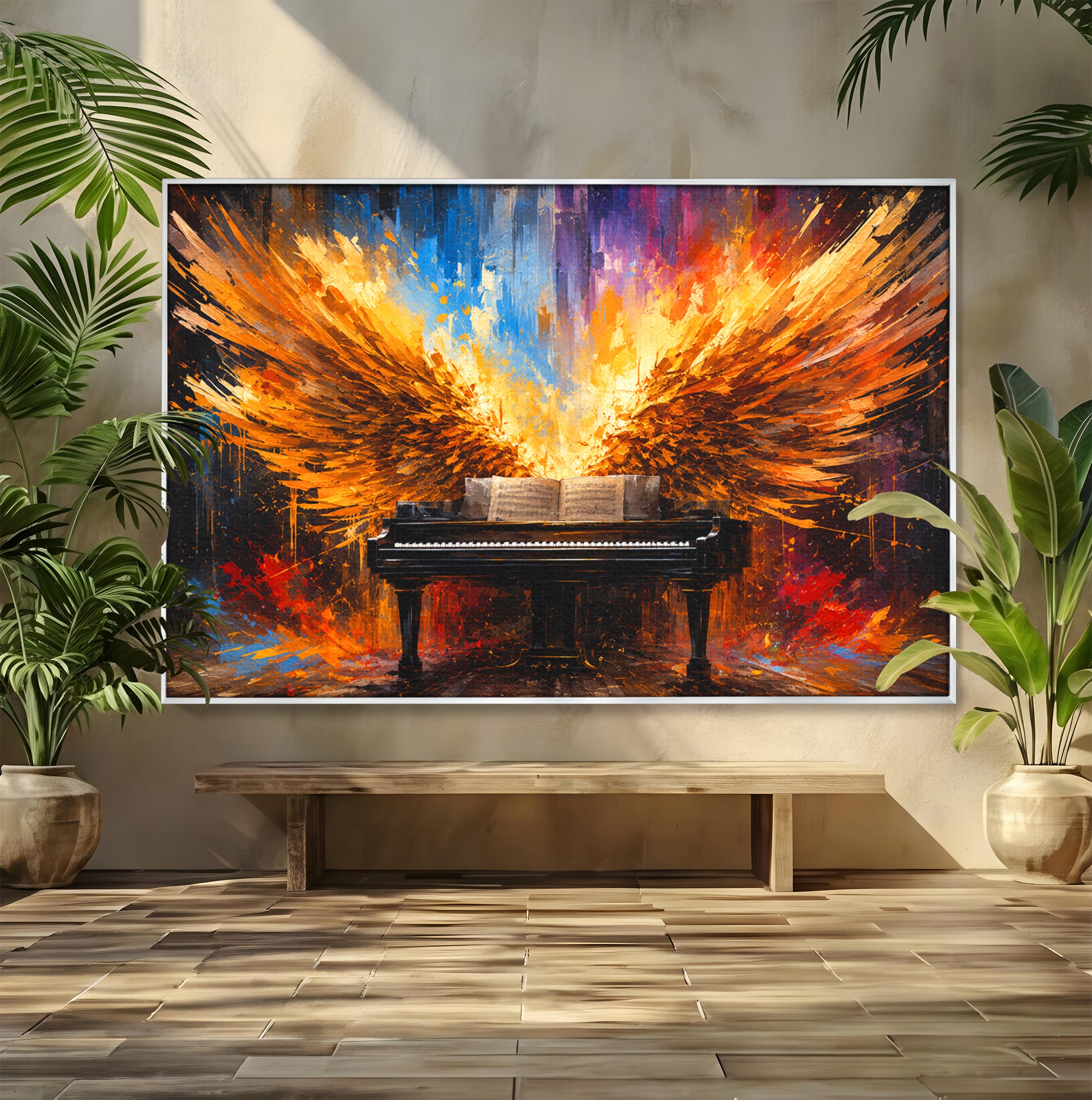 Tablou Canvas Premium LuxCanva® R1016, Pianul Aripi de Foc, Pian, Aripi, Foc, Arta Abstracta, Living, Culori Vibrante