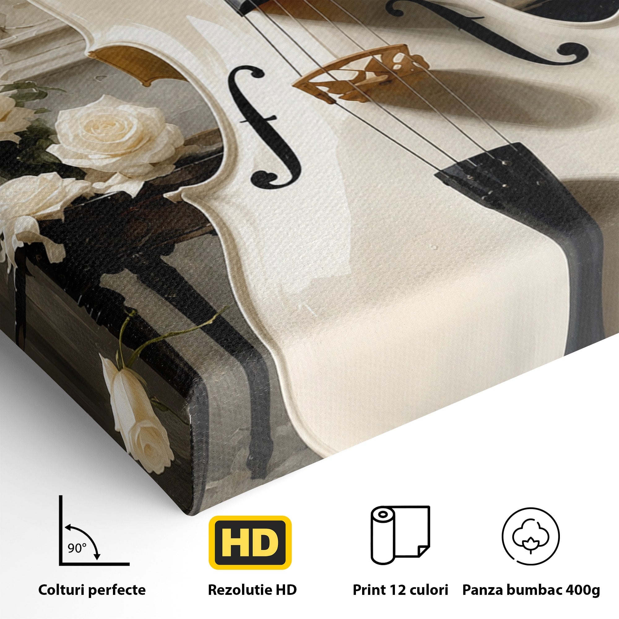 Tablou Canvas Premium LuxCanva® R1018, Violoncelul Alb, Violoncel, Flori, Eleganta, Muzica, Living, Culori Vibrante