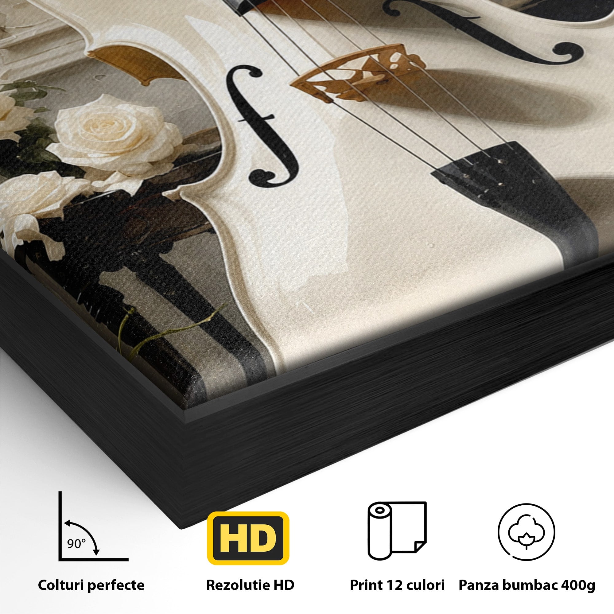 Tablou Canvas Premium LuxCanva® R1018, Violoncelul Alb, Violoncel, Flori, Eleganta, Muzica, Living, Culori Vibrante