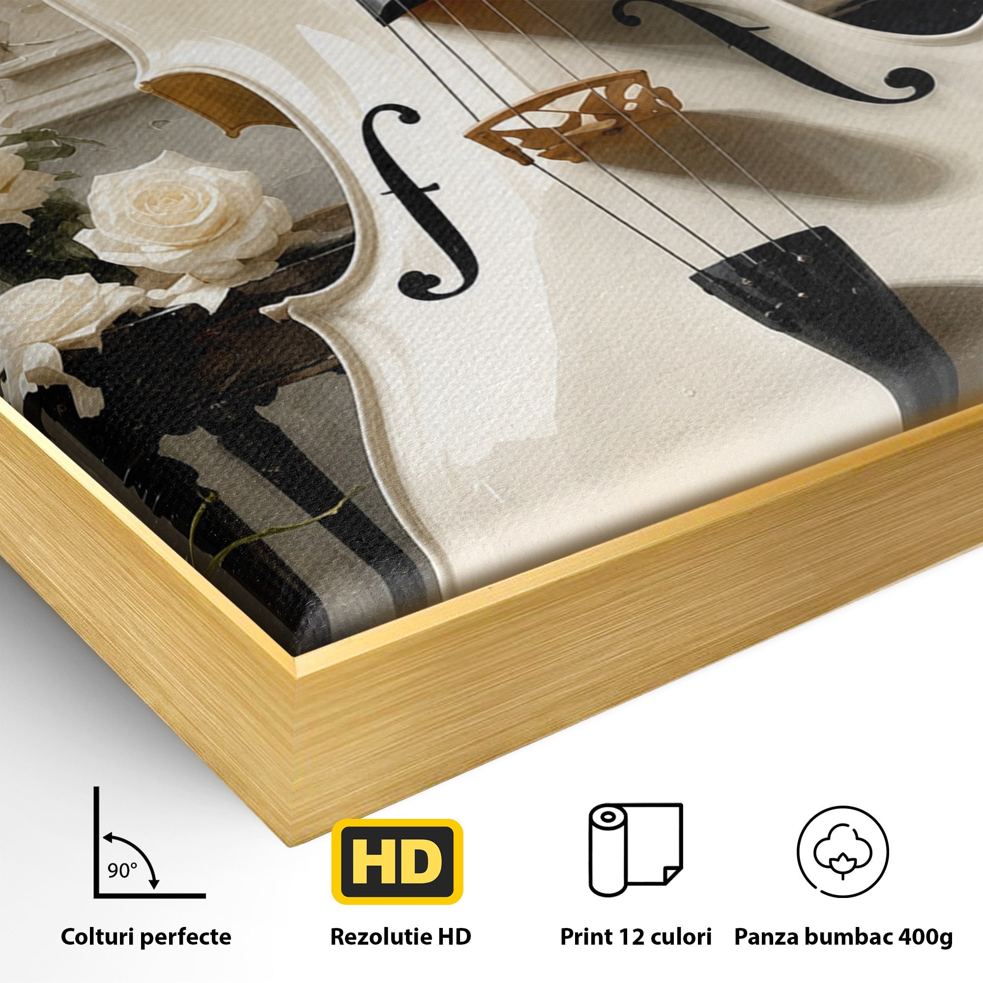 Tablou Canvas Premium LuxCanva® R1018, Violoncelul Alb, Violoncel, Flori, Eleganta, Muzica, Living, Culori Vibrante