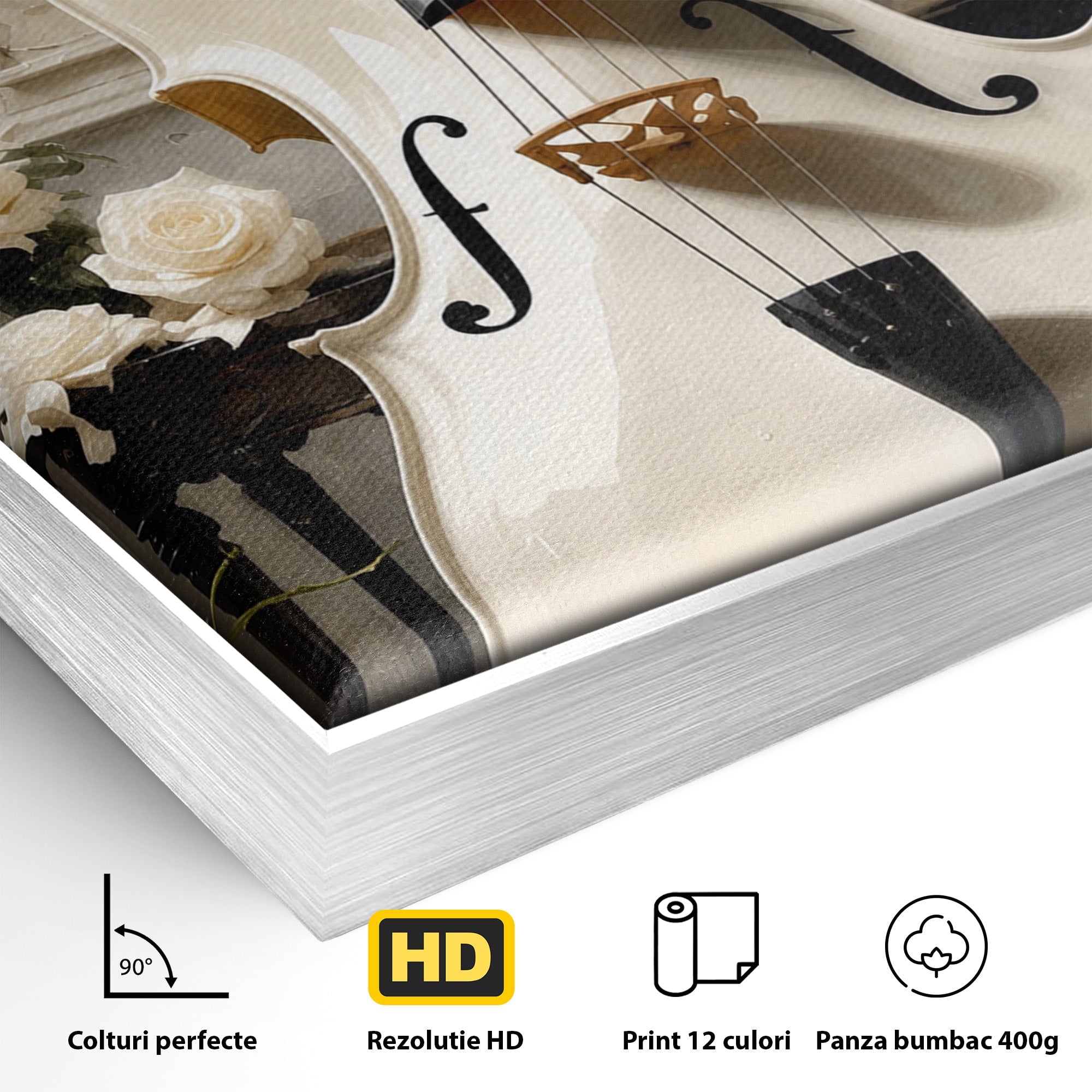 Tablou Canvas Premium LuxCanva® R1018, Violoncelul Alb, Violoncel, Flori, Eleganta, Muzica, Living, Culori Vibrante