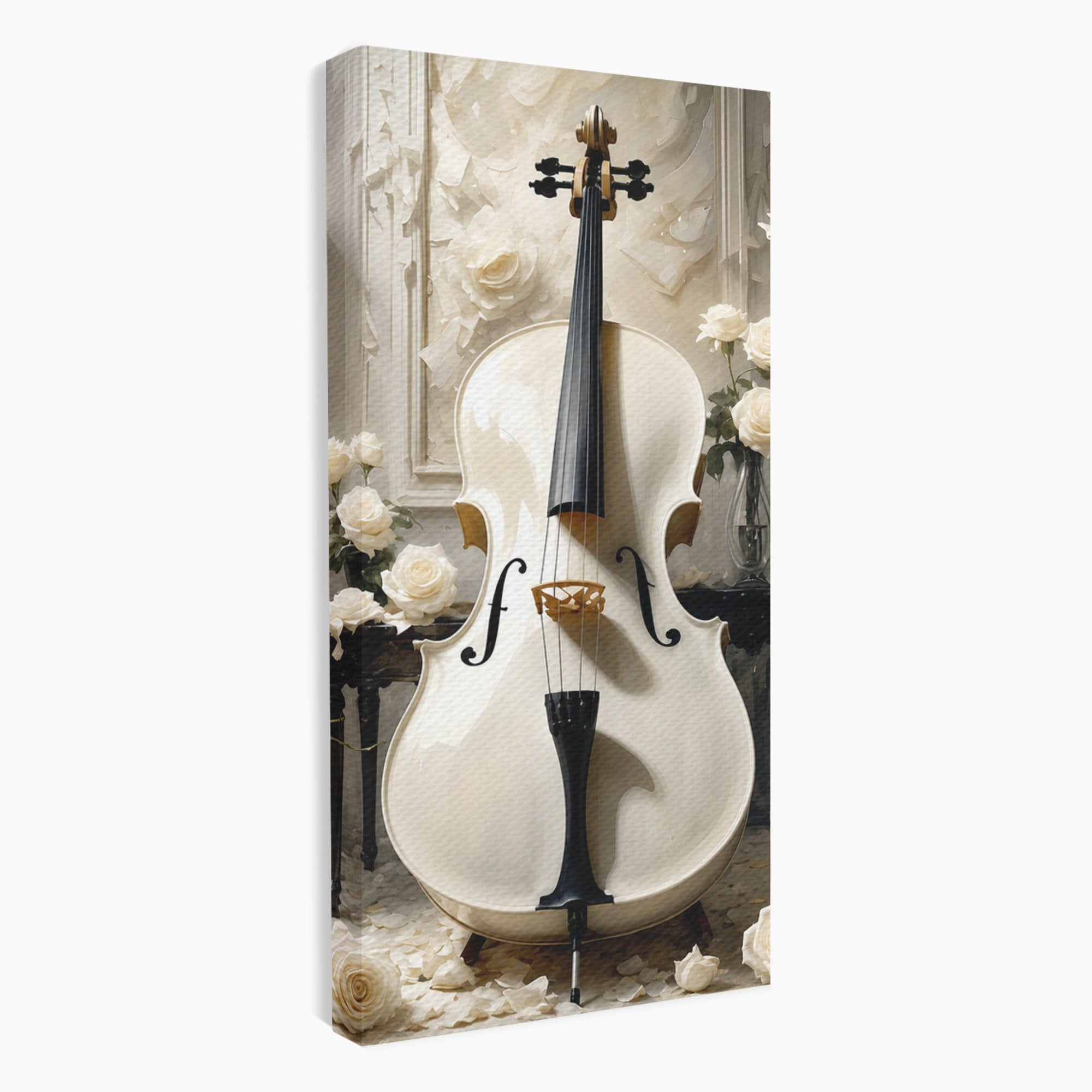 Tablou Canvas Premium LuxCanva® R1018, Violoncelul Alb, Violoncel, Flori, Eleganta, Muzica, Living, Culori Vibrante