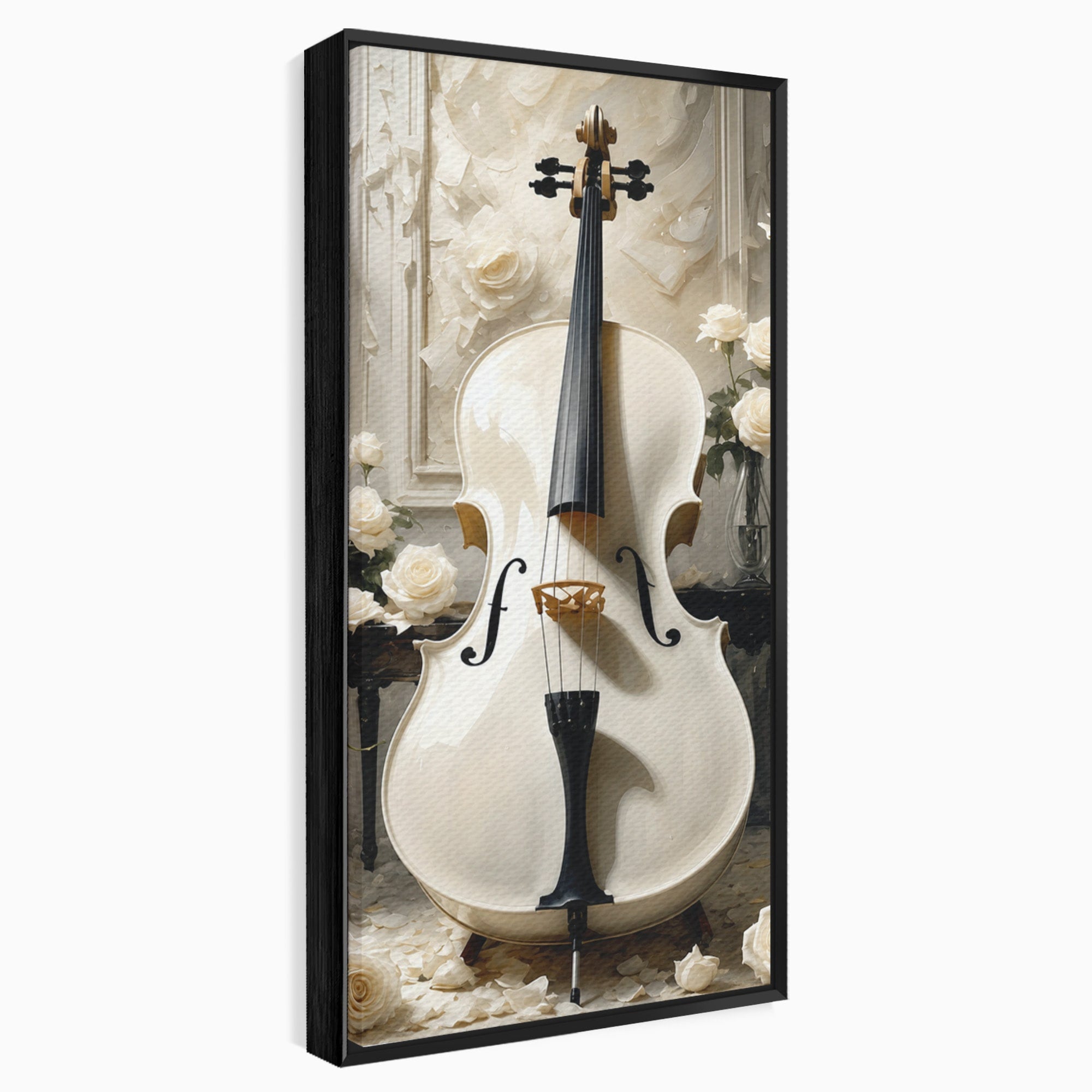 Tablou Canvas Premium LuxCanva® R1018, Violoncelul Alb, Violoncel, Flori, Eleganta, Muzica, Living, Culori Vibrante