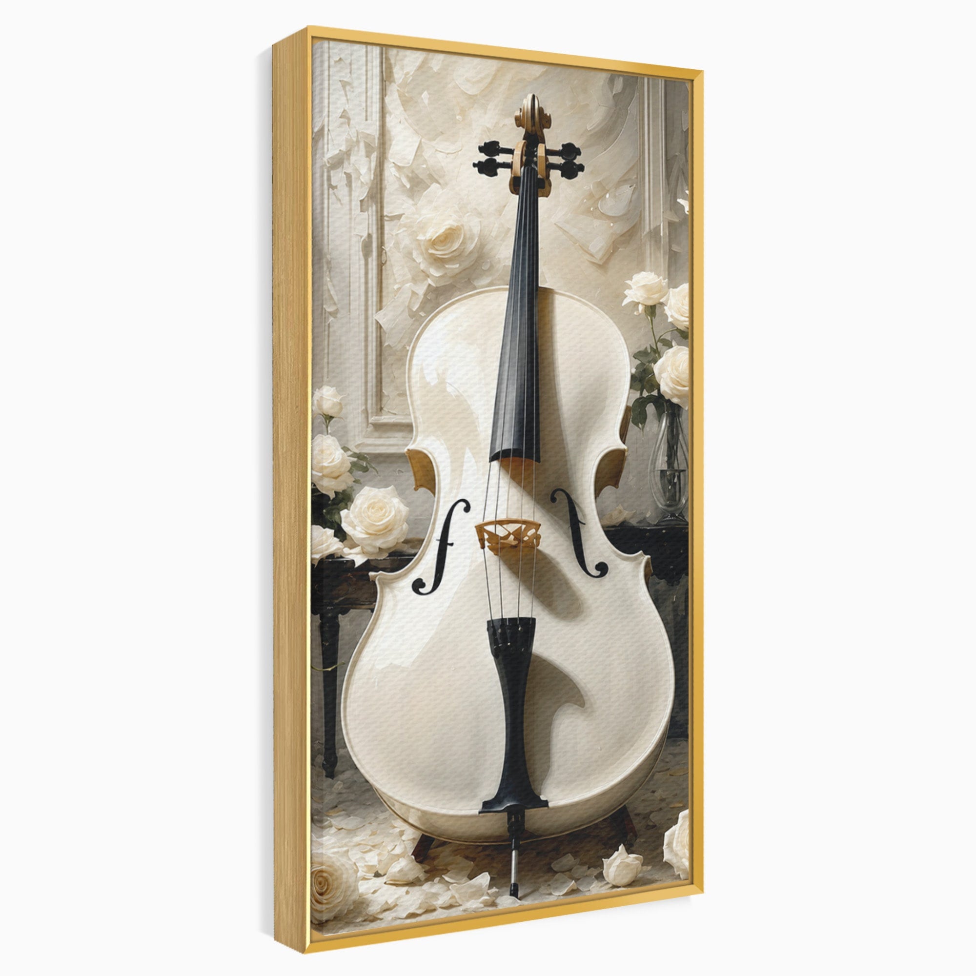 Tablou Canvas Premium LuxCanva® R1018, Violoncelul Alb, Violoncel, Flori, Eleganta, Muzica, Living, Culori Vibrante