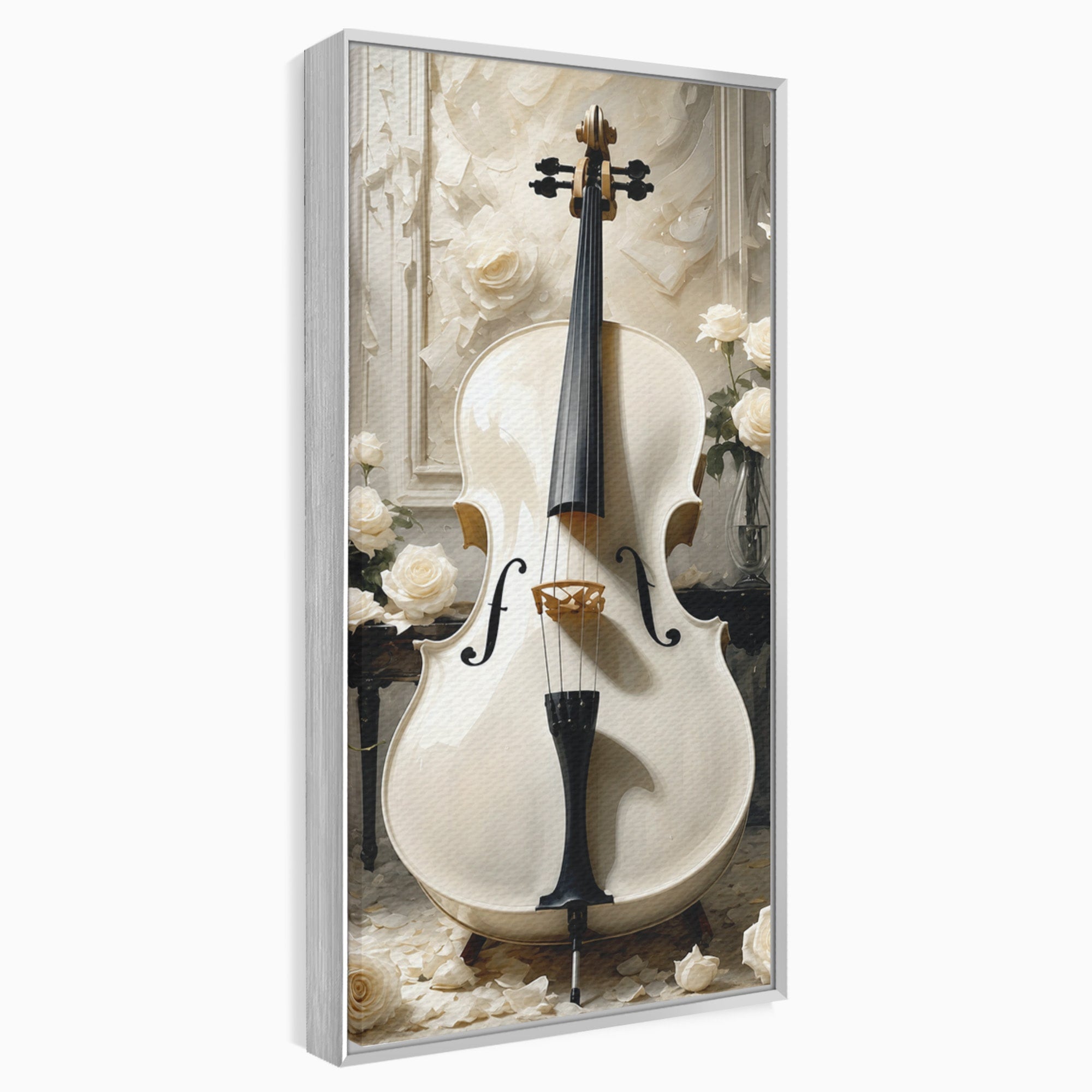 Tablou Canvas Premium LuxCanva® R1018, Violoncelul Alb, Violoncel, Flori, Eleganta, Muzica, Living, Culori Vibrante