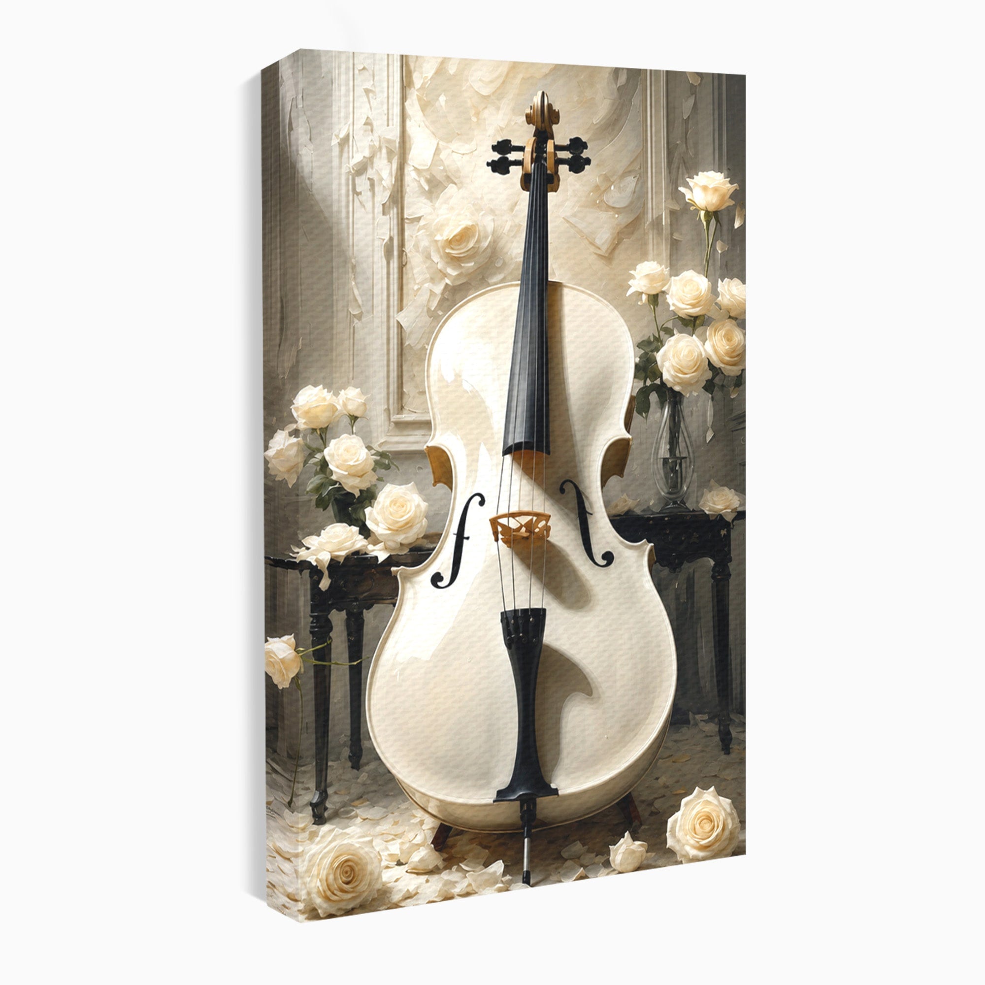 Tablou Canvas Premium LuxCanva® R1018, Violoncelul Alb, Violoncel, Flori, Eleganta, Muzica, Living, Culori Vibrante