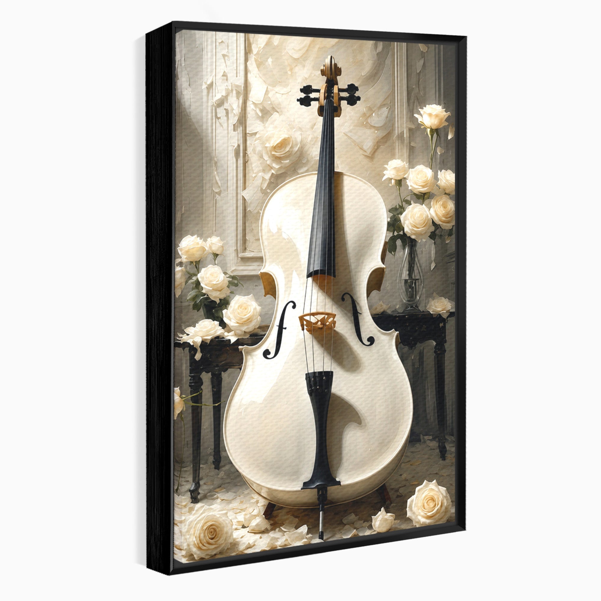 Tablou Canvas Premium LuxCanva® R1018, Violoncelul Alb, Violoncel, Flori, Eleganta, Muzica, Living, Culori Vibrante