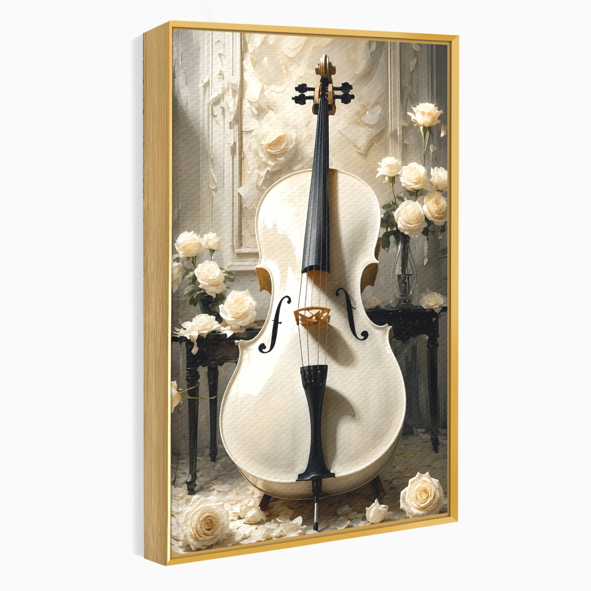 Tablou Canvas Premium LuxCanva® R1018, Violoncelul Alb, Violoncel, Flori, Eleganta, Muzica, Living, Culori Vibrante
