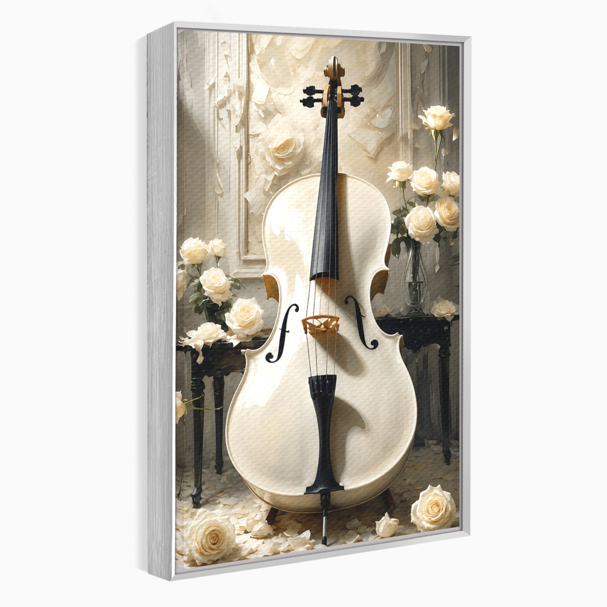 Tablou Canvas Premium LuxCanva® R1018, Violoncelul Alb, Violoncel, Flori, Eleganta, Muzica, Living, Culori Vibrante