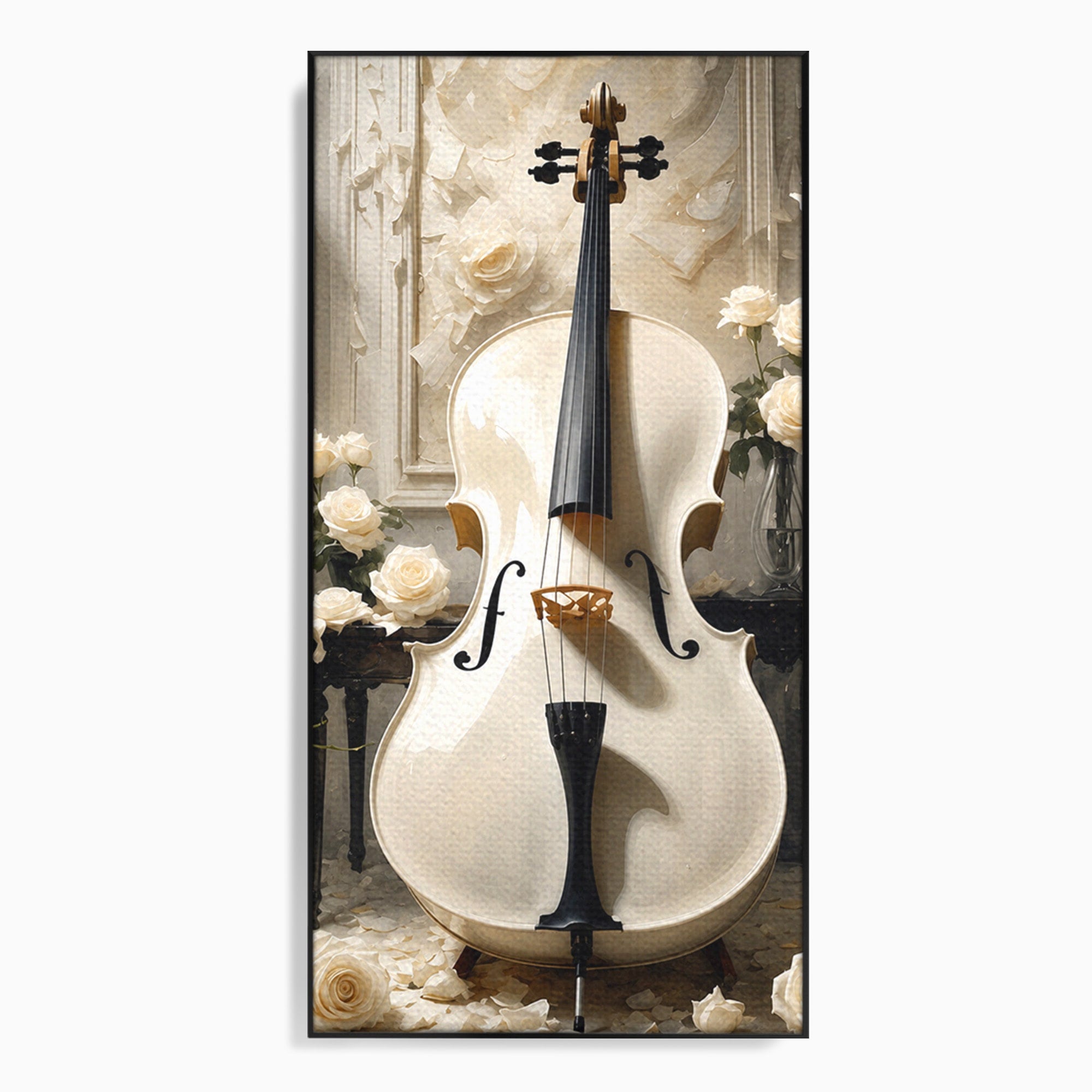 Tablou Canvas Premium LuxCanva® R1018, Violoncelul Alb, Violoncel, Flori, Eleganta, Muzica, Living, Culori Vibrante