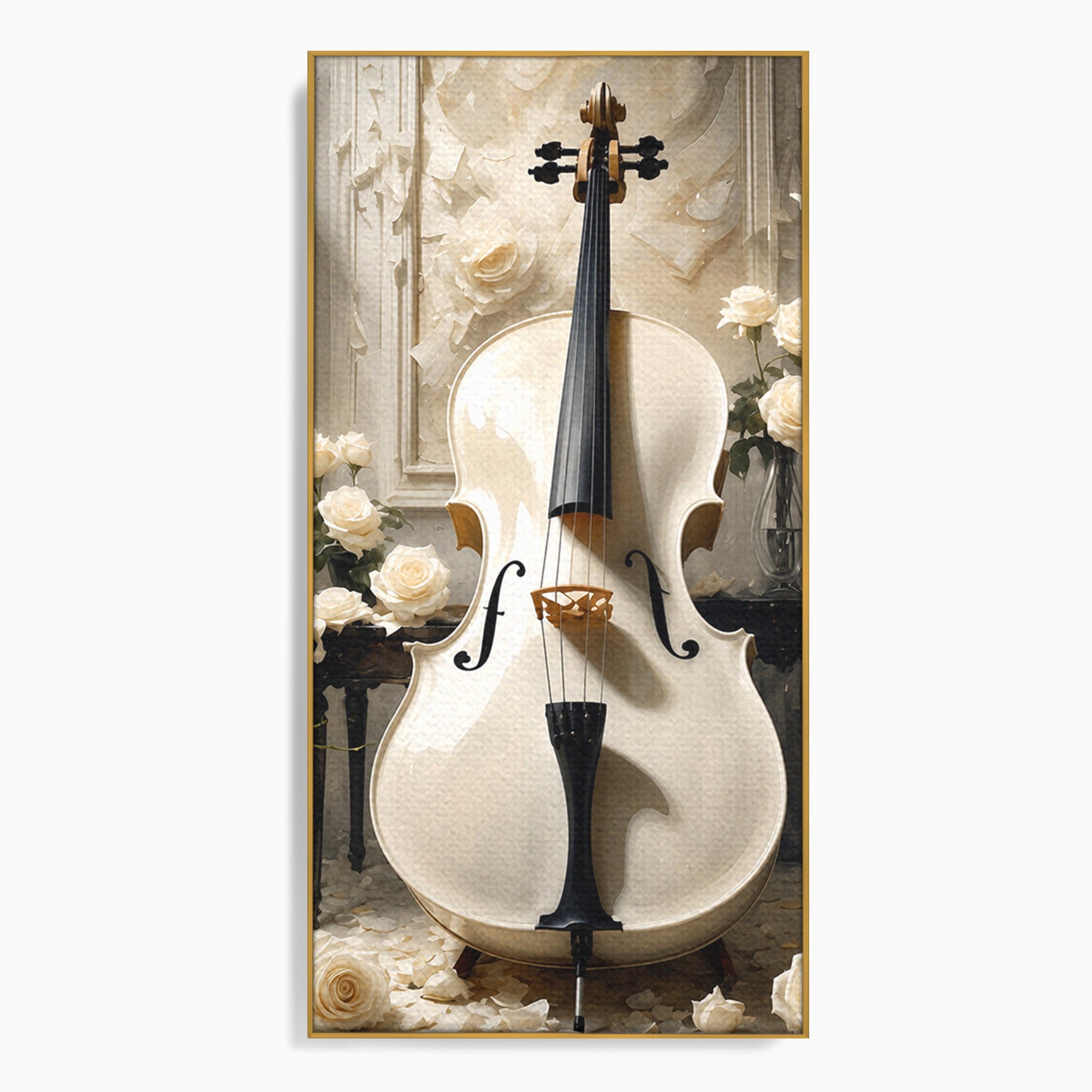 Tablou Canvas Premium LuxCanva® R1018, Violoncelul Alb, Violoncel, Flori, Eleganta, Muzica, Living, Culori Vibrante