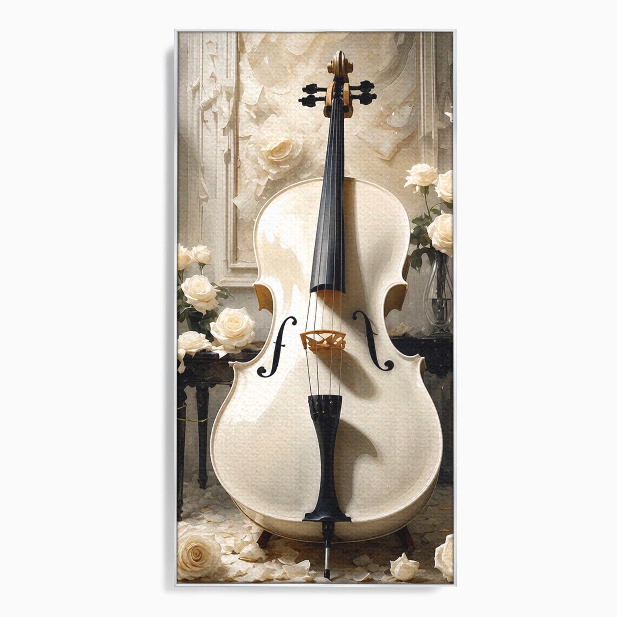 Tablou Canvas Premium LuxCanva® R1018, Violoncelul Alb, Violoncel, Flori, Eleganta, Muzica, Living, Culori Vibrante