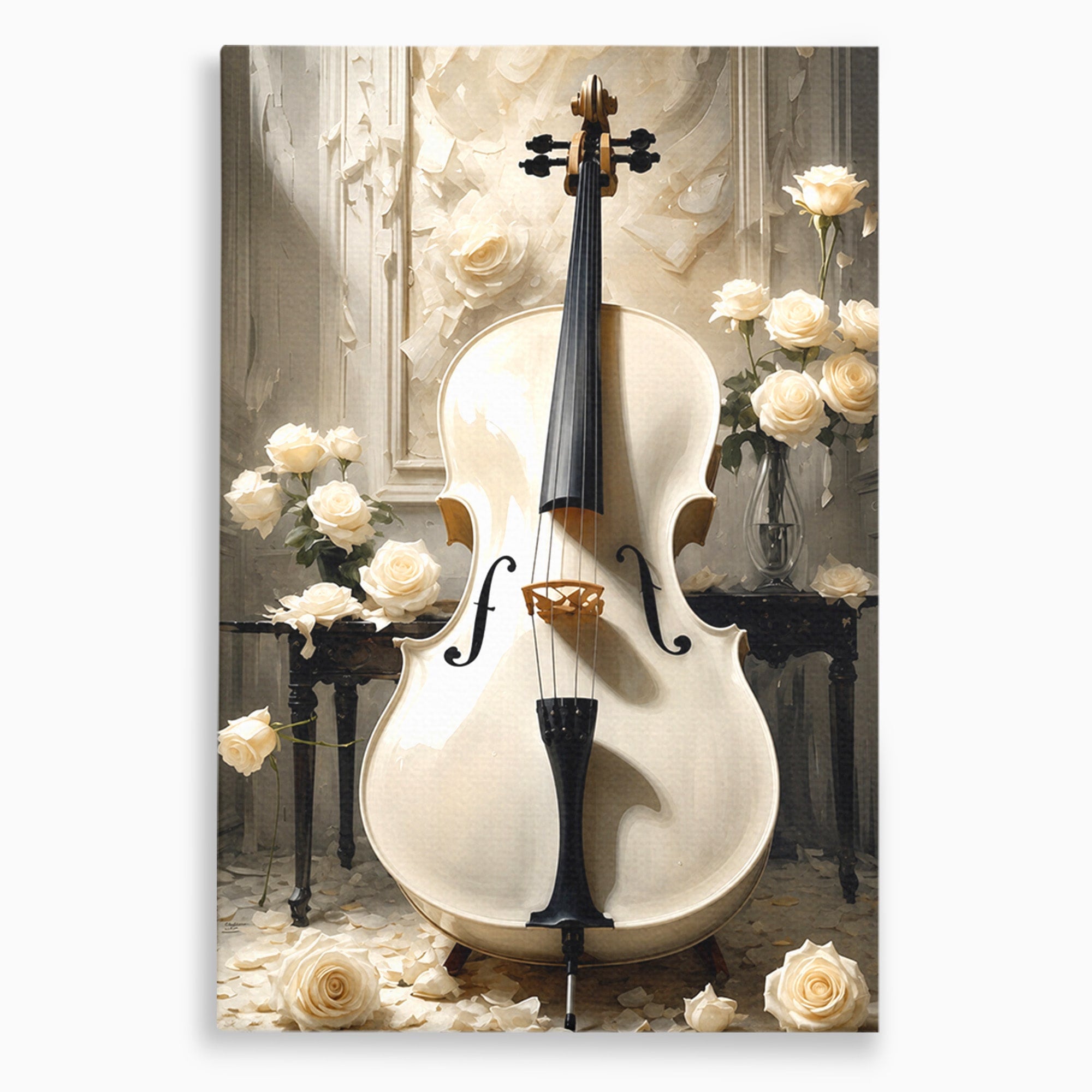 Tablou Canvas Premium LuxCanva® R1018, Violoncelul Alb, Violoncel, Flori, Eleganta, Muzica, Living, Culori Vibrante